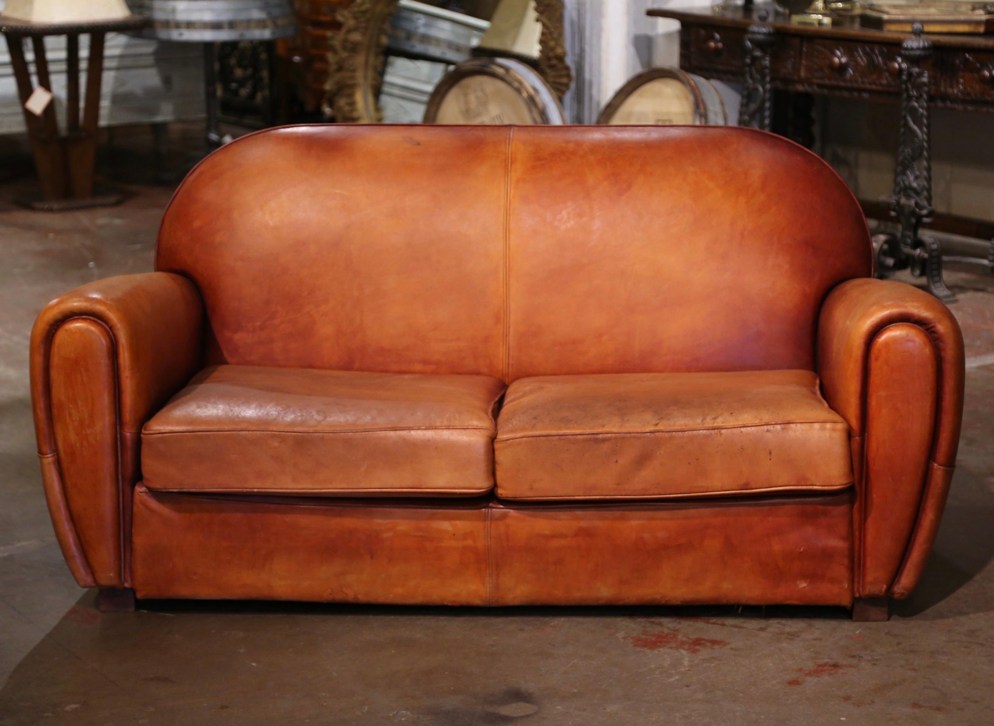 Art Deco Early 20th Century French Art-Deco Brown Leather Two-Seat Club Sofa For Sale