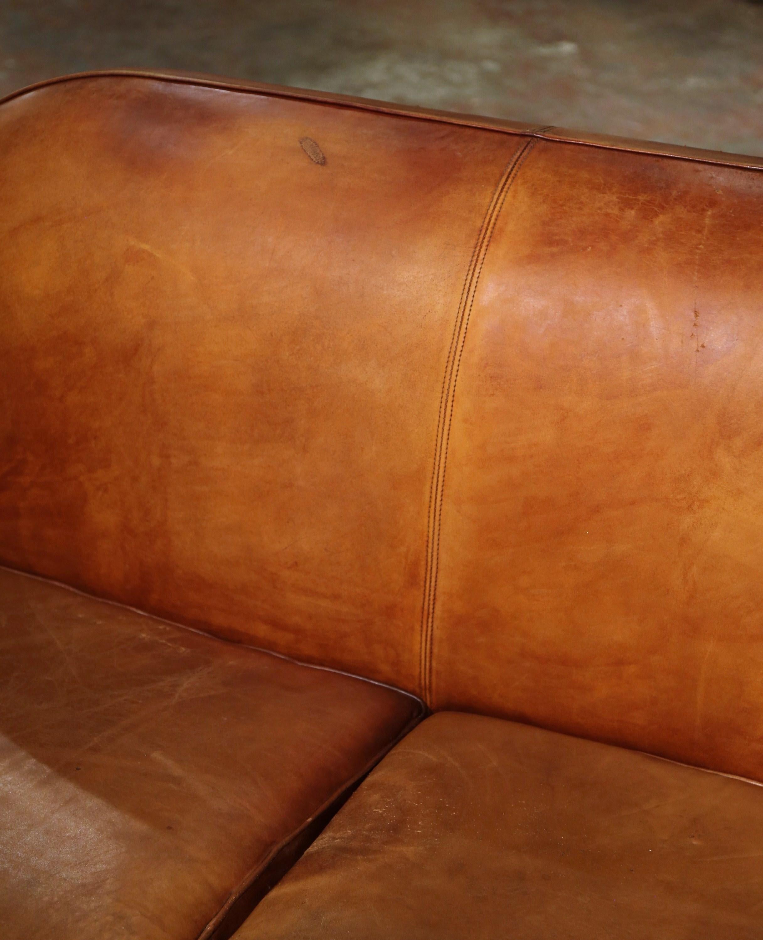 Early 20th Century French Art-Deco Brown Leather Two-Seat Club Sofa For Sale 2