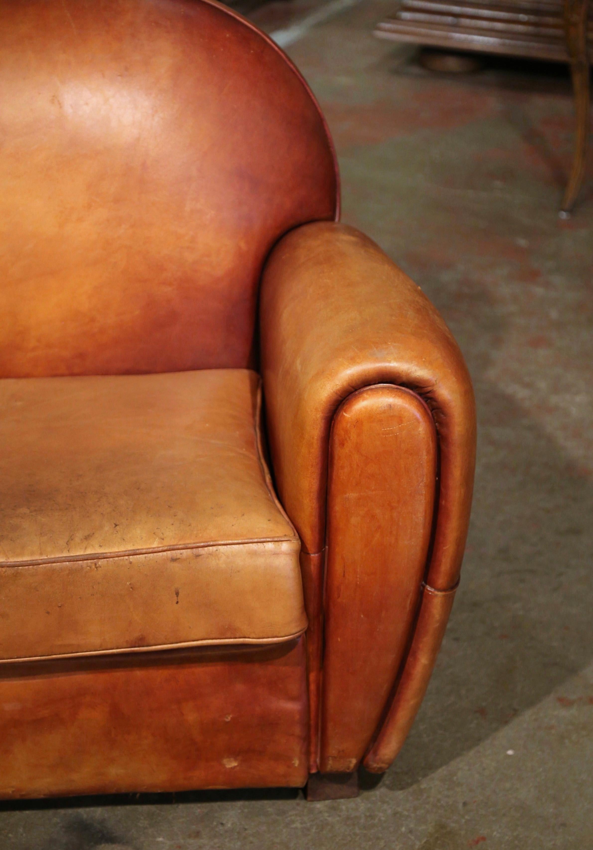 Frühes 20. Jahrhundert Französisch Art-Deco Brown Leder Zwei-Sitz-Club-Sofa im Angebot 3