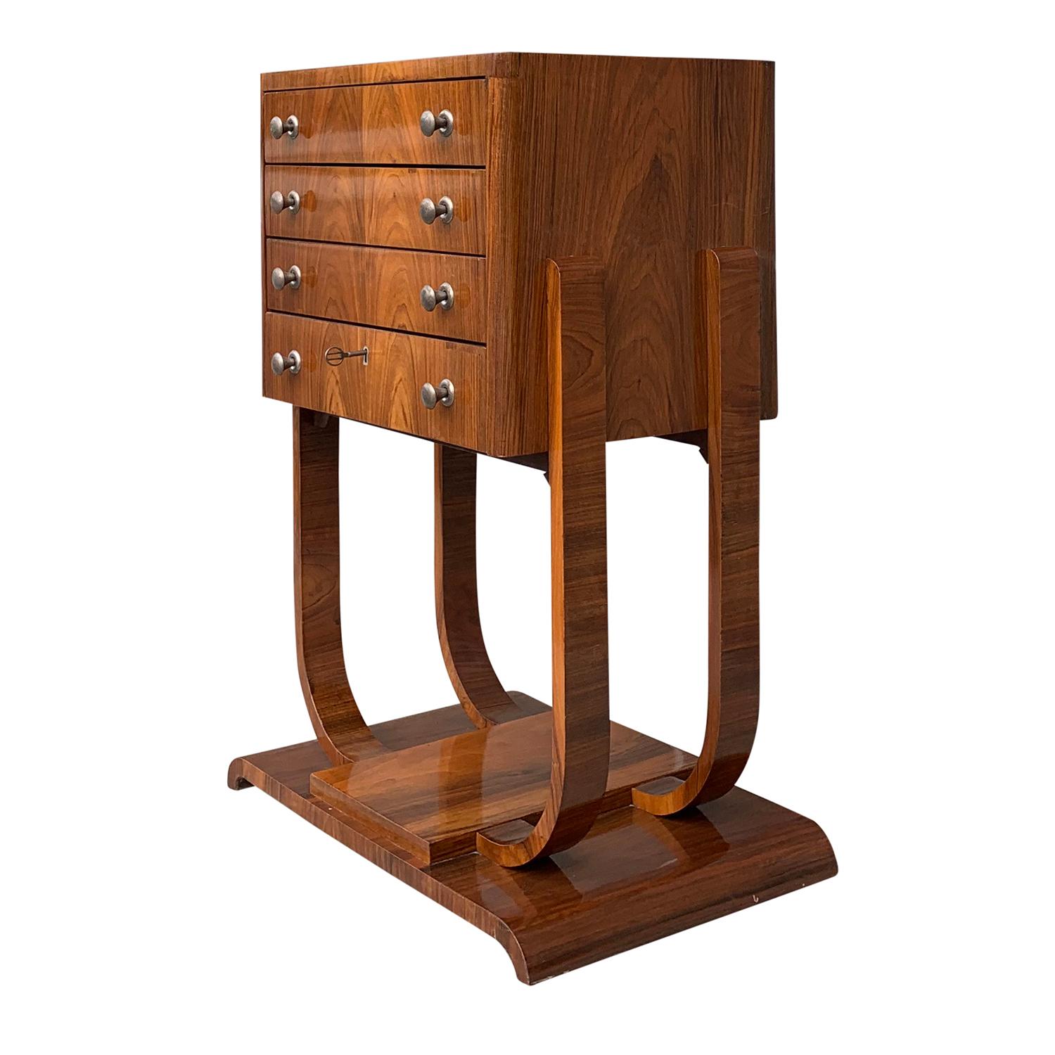 Hand-Carved 20th Century French Art Deco Mahogany Chest of Drawers, Small Chrome Cupboard