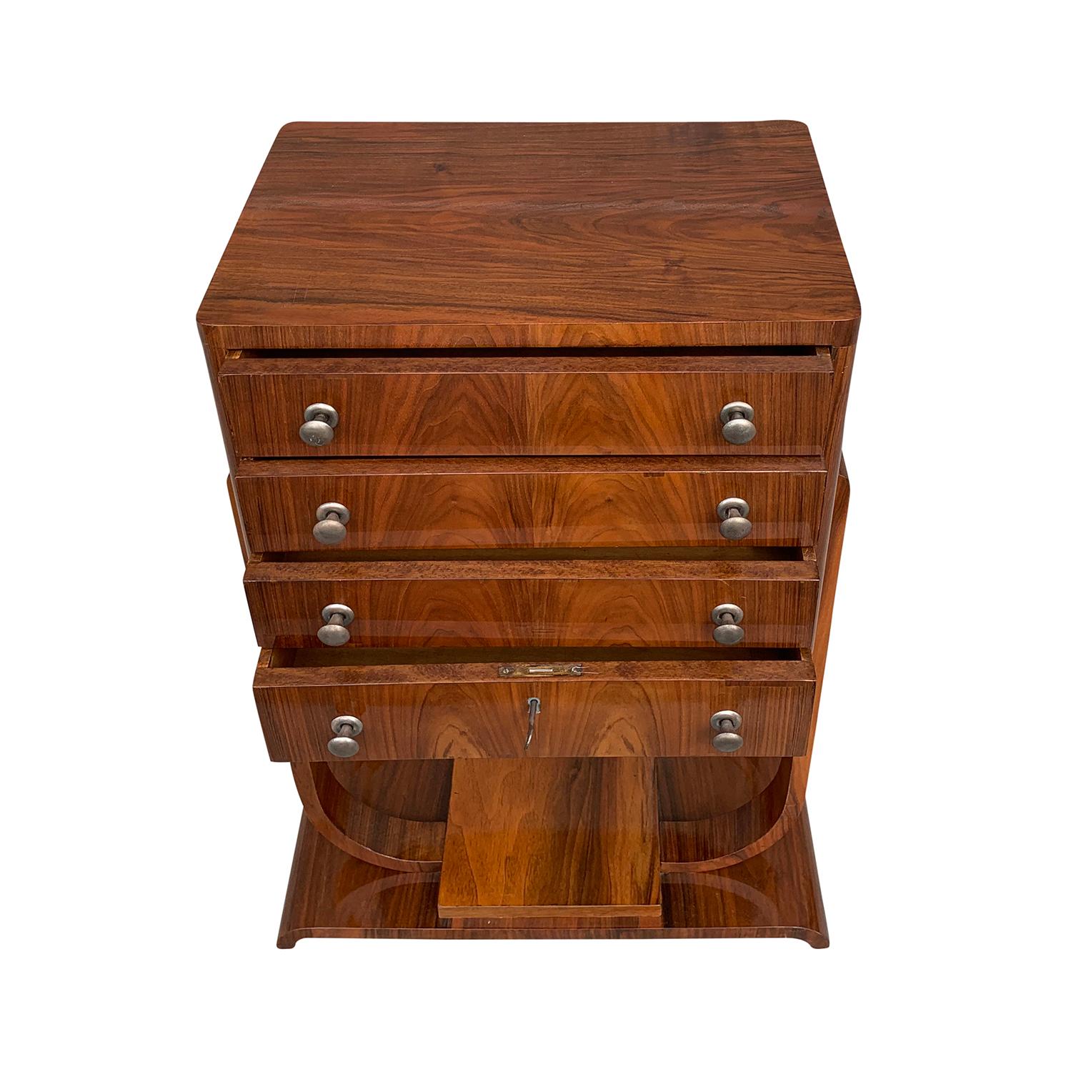 20th Century French Art Deco Mahogany Chest of Drawers, Small Chrome Cupboard In Good Condition In West Palm Beach, FL