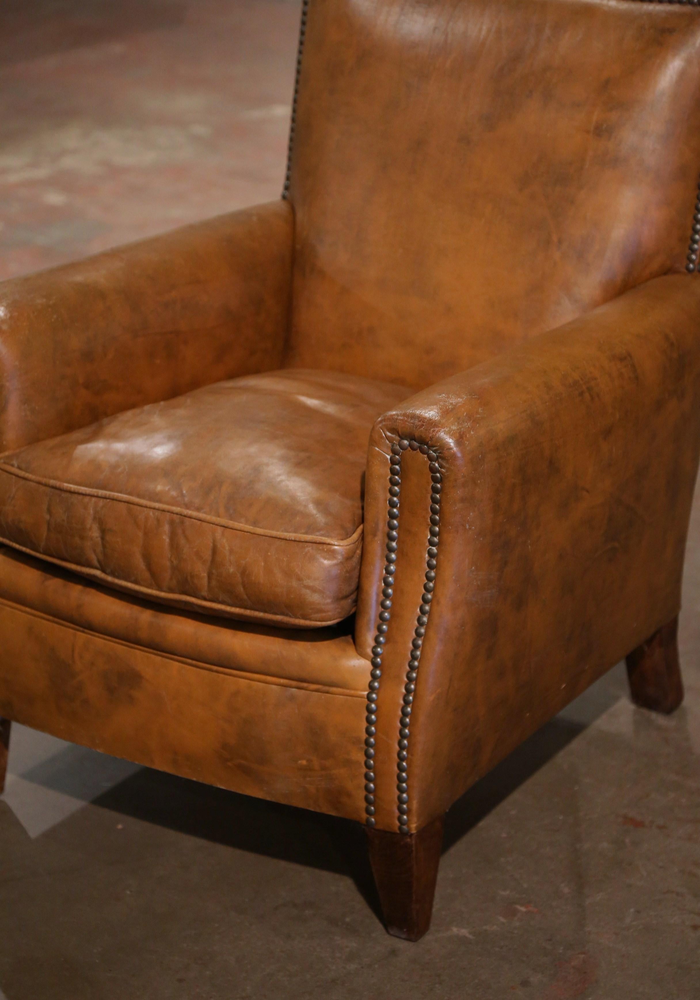 Early 20th Century French Art Deco Club Armchair with Original Brown Leather In Excellent Condition For Sale In Dallas, TX
