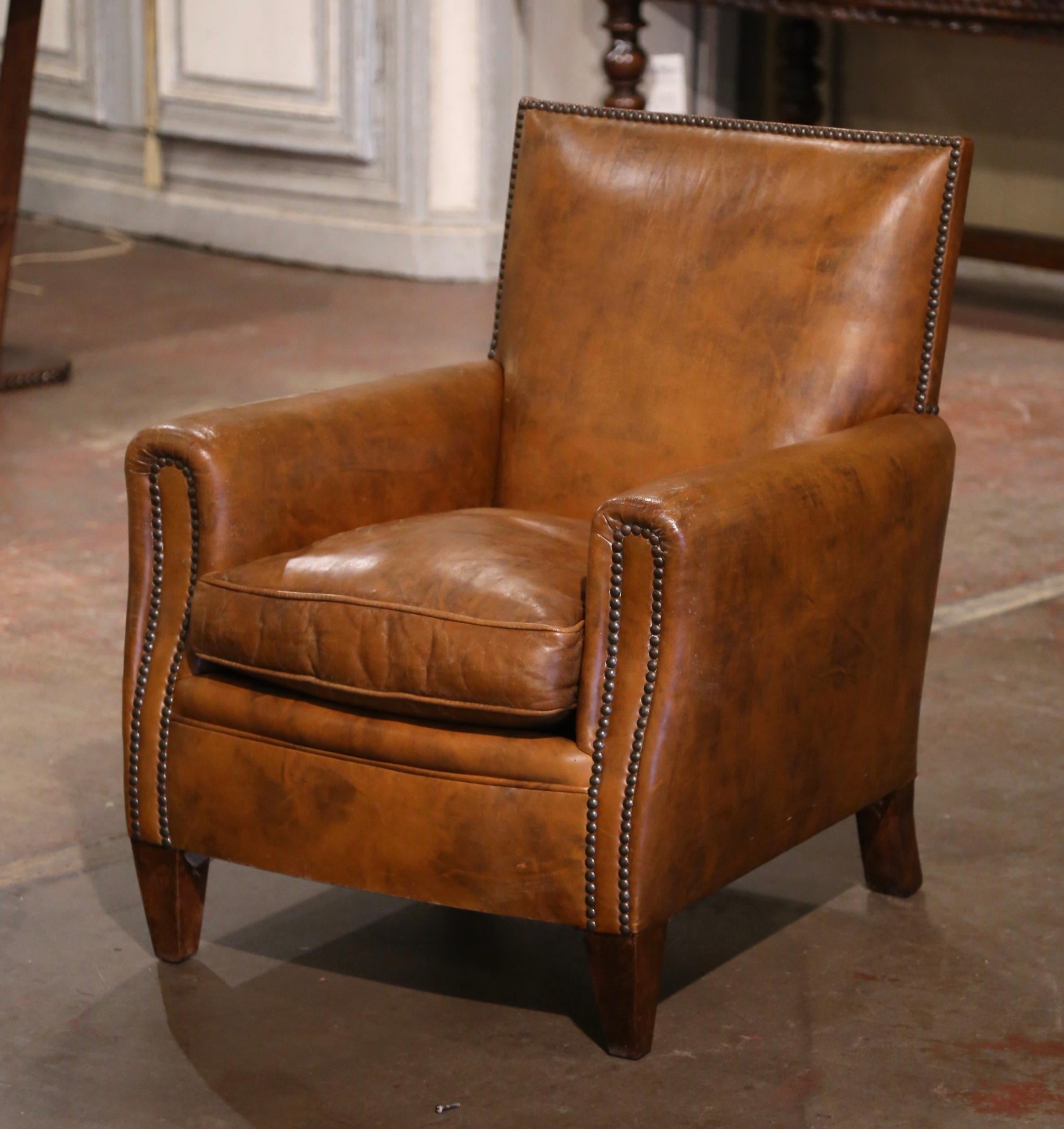 Early 20th Century French Art Deco Club Armchair with Original Brown Leather For Sale 2