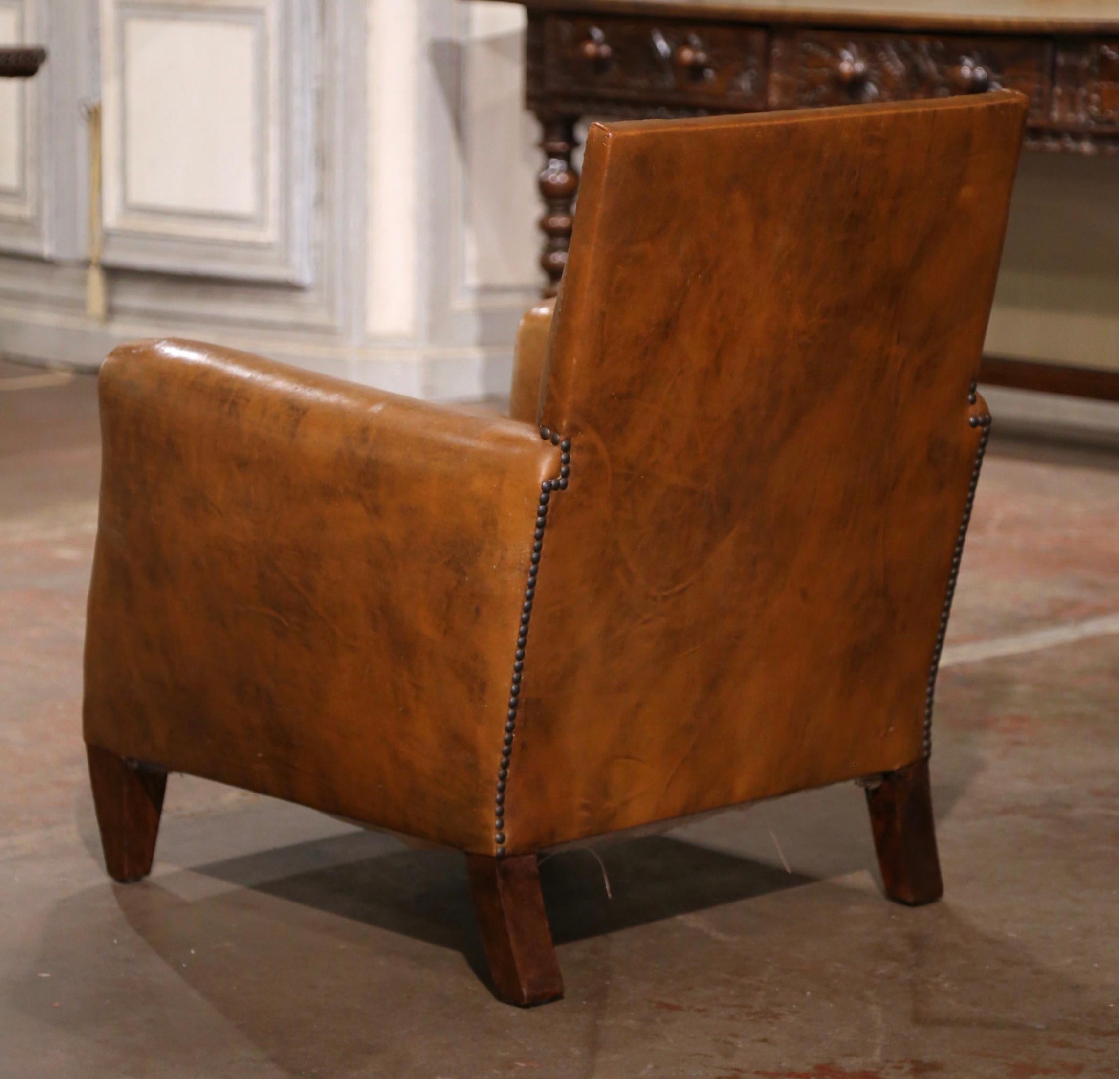 Early 20th Century French Art Deco Club Armchair with Original Brown Leather For Sale 3