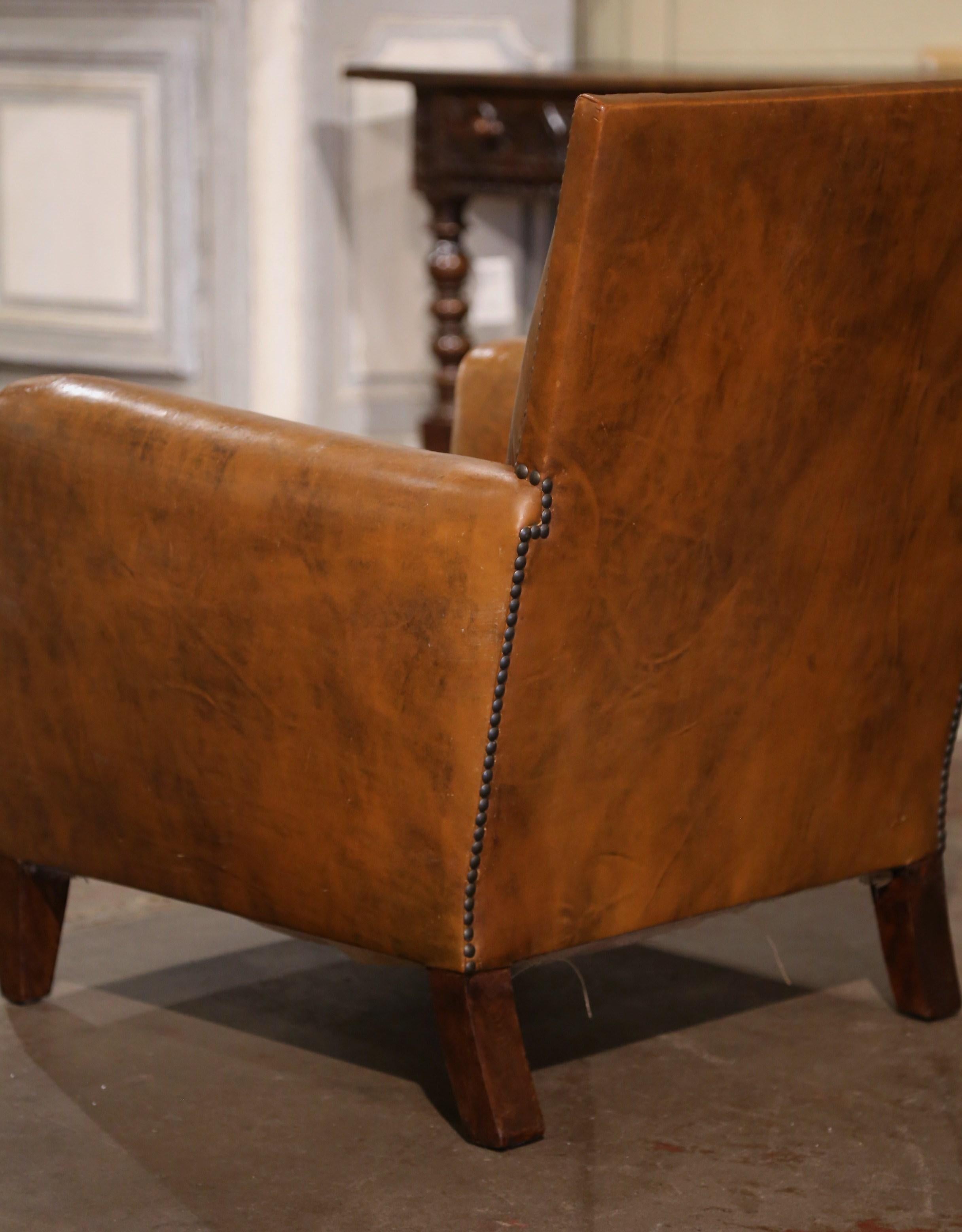 Early 20th Century French Art Deco Club Armchair with Original Brown Leather For Sale 4