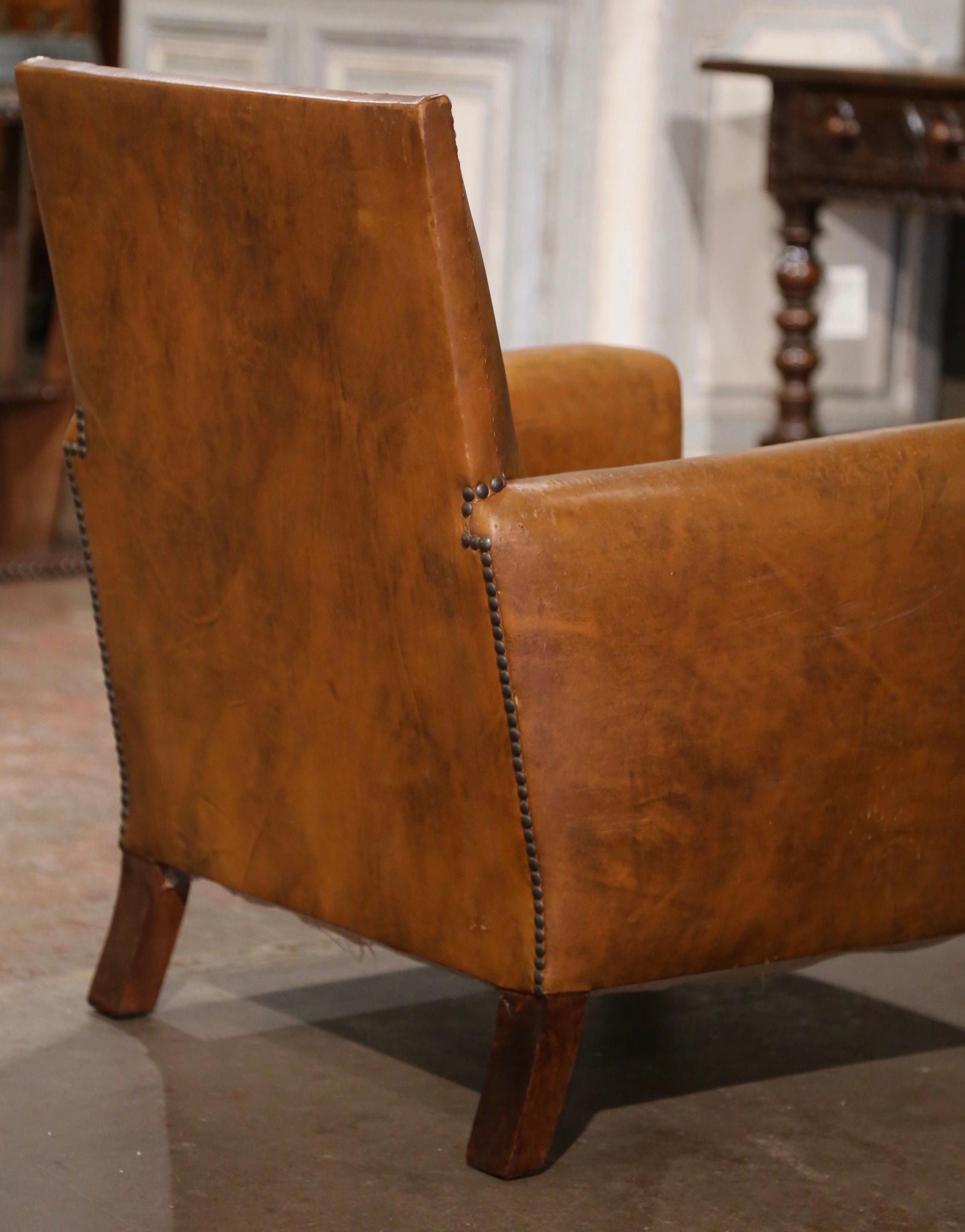 Early 20th Century French Art Deco Club Armchair with Original Brown Leather For Sale 5