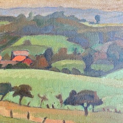 Cadre de peinture à l'huile Art déco français du début du 20e siècle représentant un paysage, vers 1930