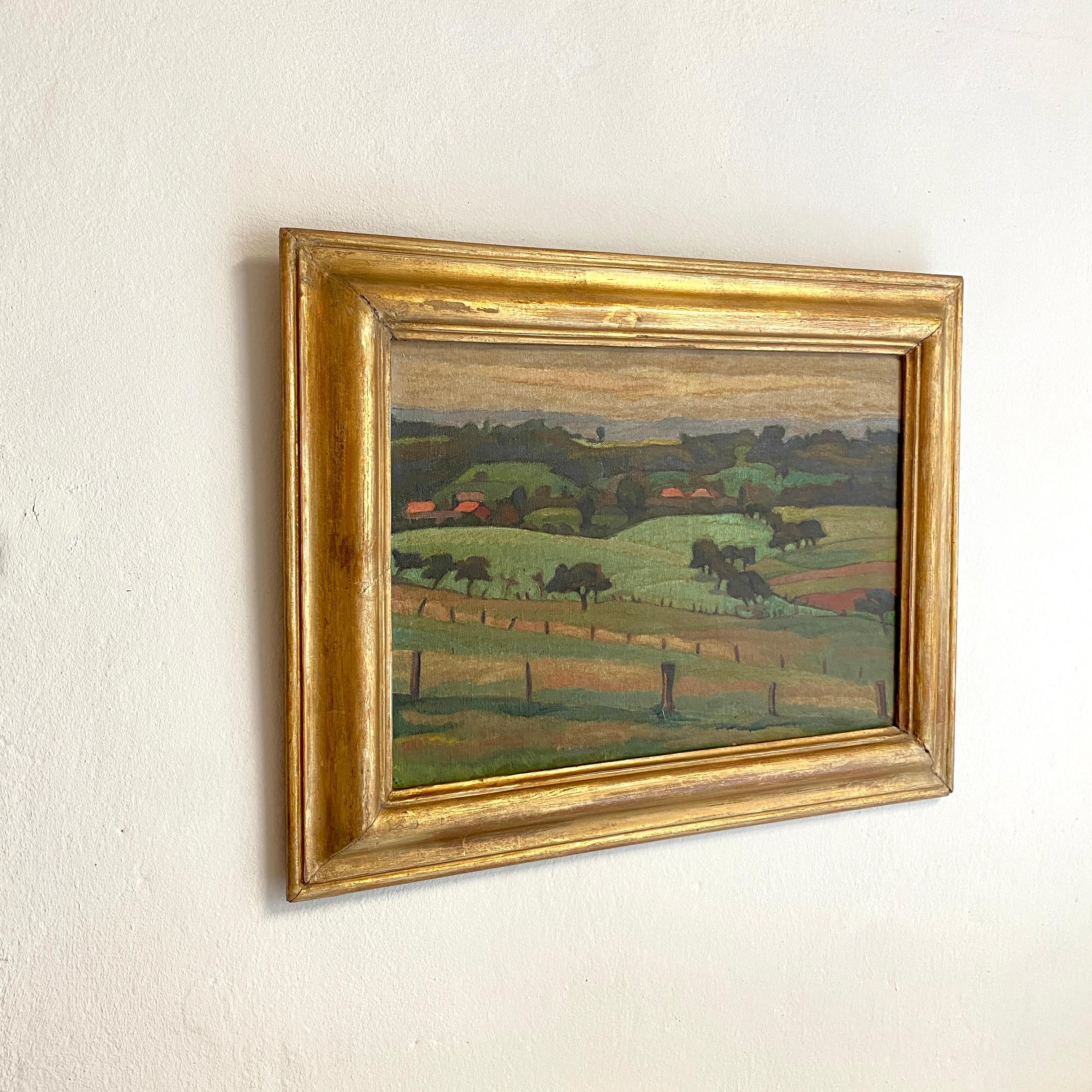 Art Nouveau Early 20th Century French Art Deco Landscape Oil Painting Frame, circa 1930