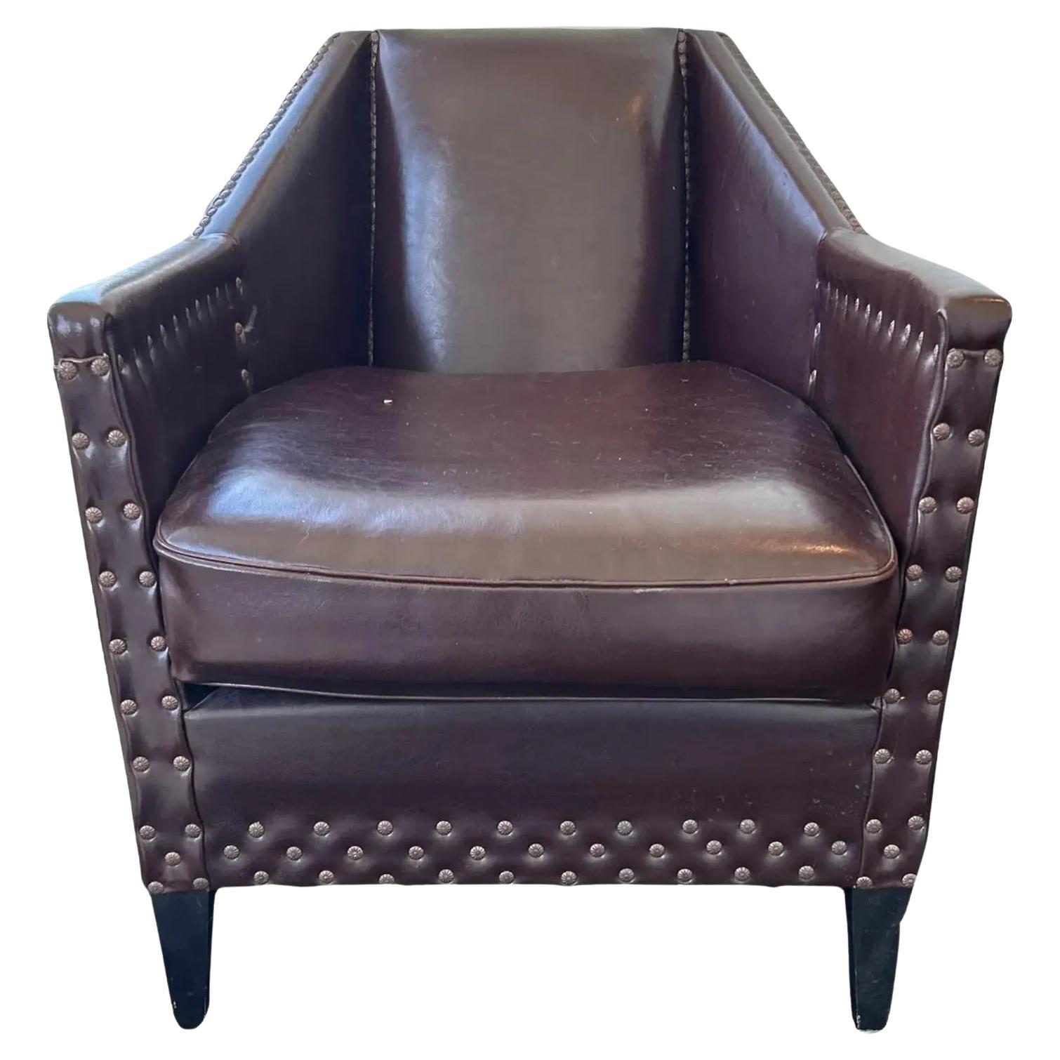 Early 20th Century French Art Deco Leather Low Club Chair For Sale