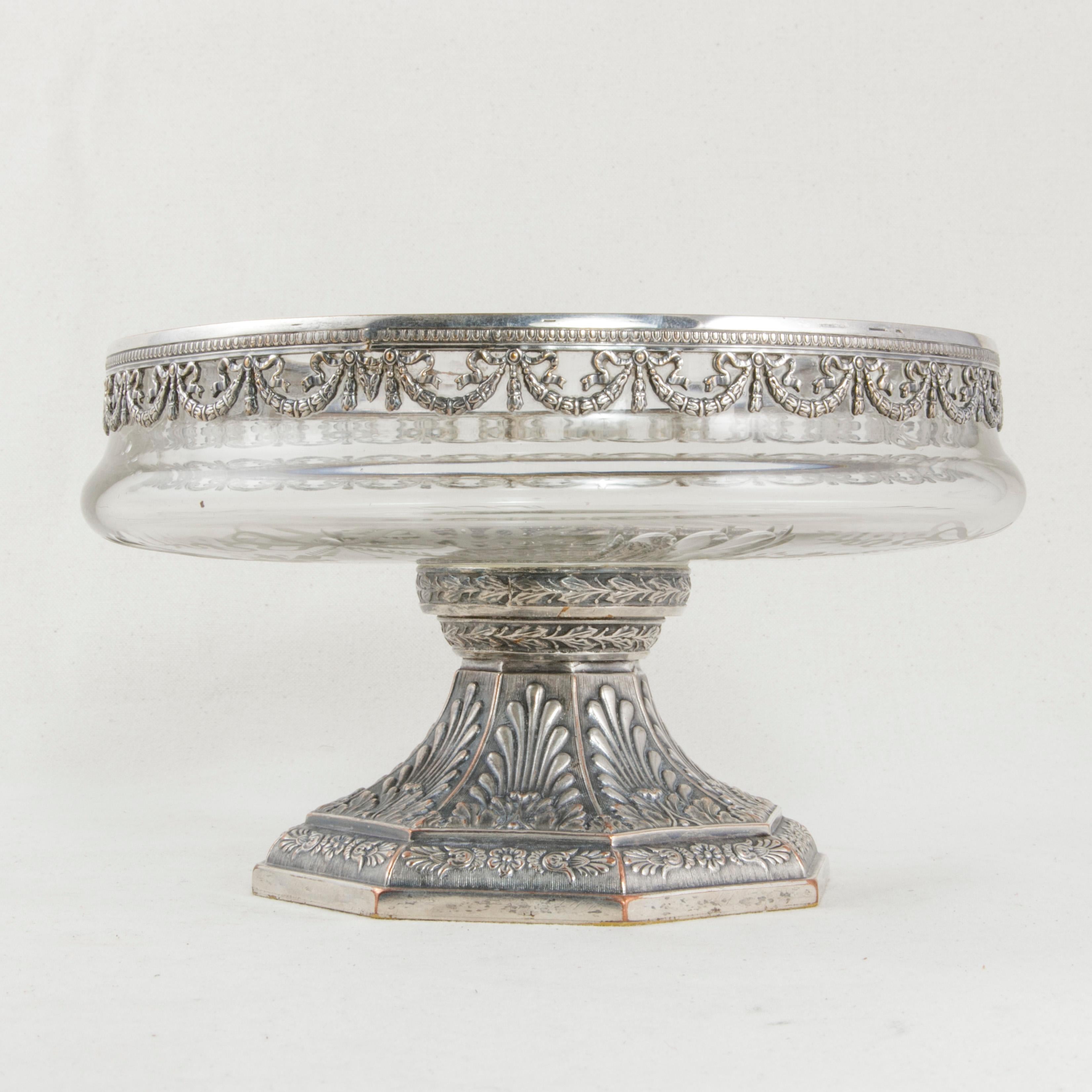 Early 20th Century French Art Deco Period Crystal and Silver Plate Compote, Dish 1