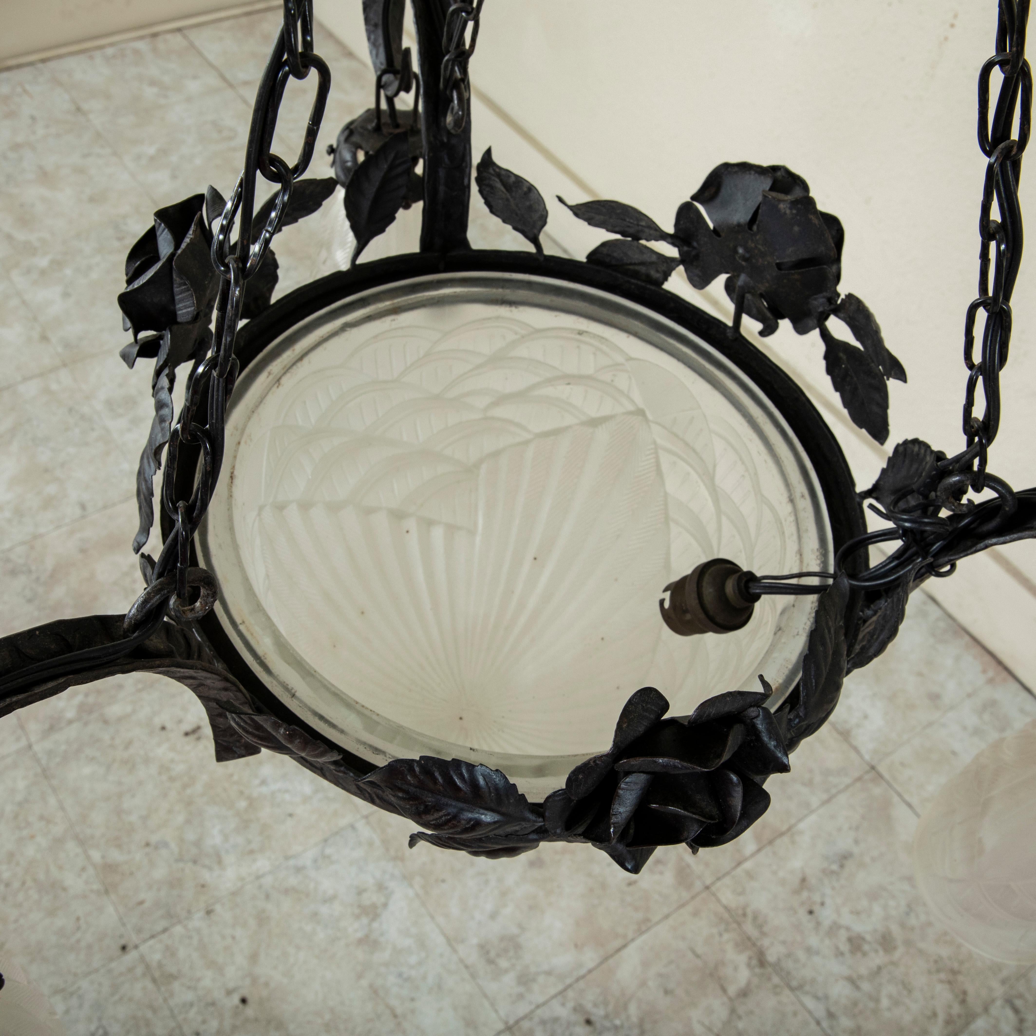 Early 20th Century French Art Deco Period Iron and Glass Chandelier, Four Lights For Sale 10