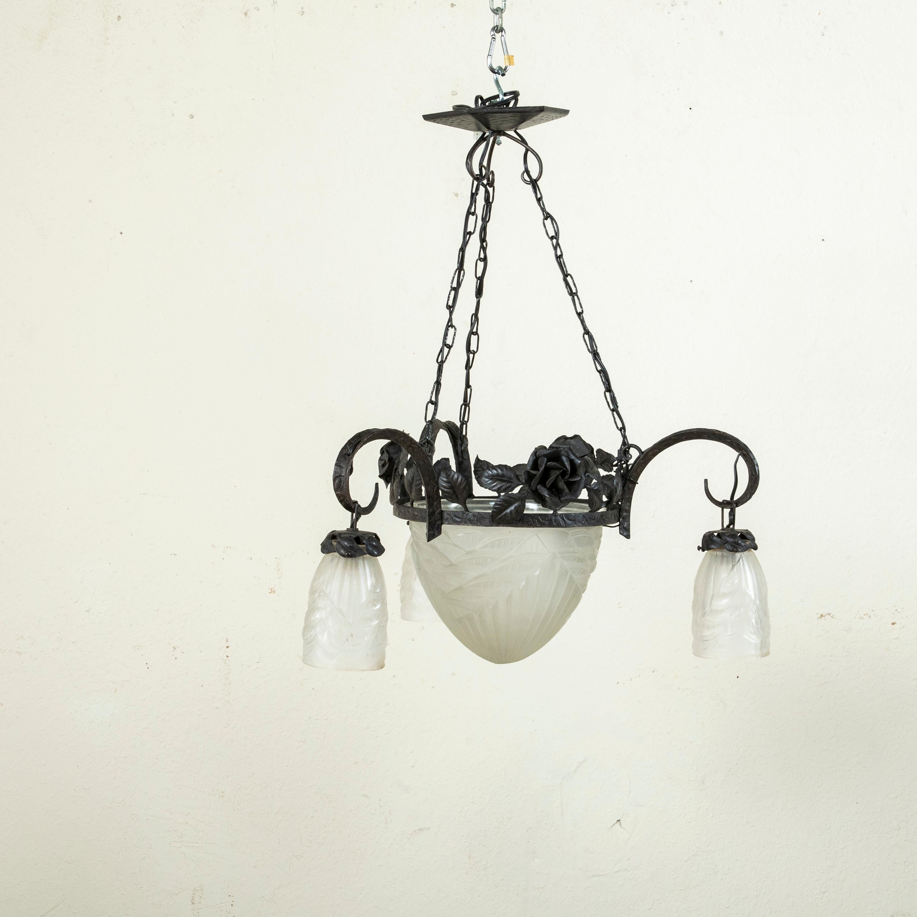 Early 20th Century French Art Deco Period Iron and Glass Chandelier, Four Lights For Sale 2