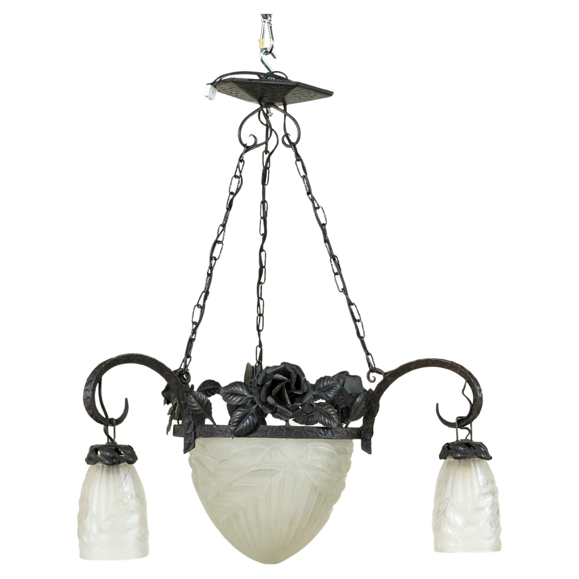 Early 20th Century French Art Deco Period Iron and Glass Chandelier, Four Lights For Sale