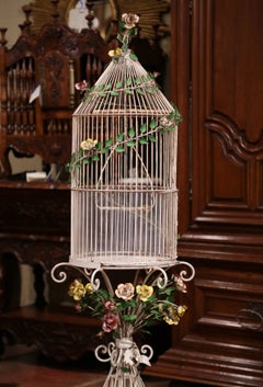 Early 20th Century French Art Nouveau Painted Iron Birdcage on Stand