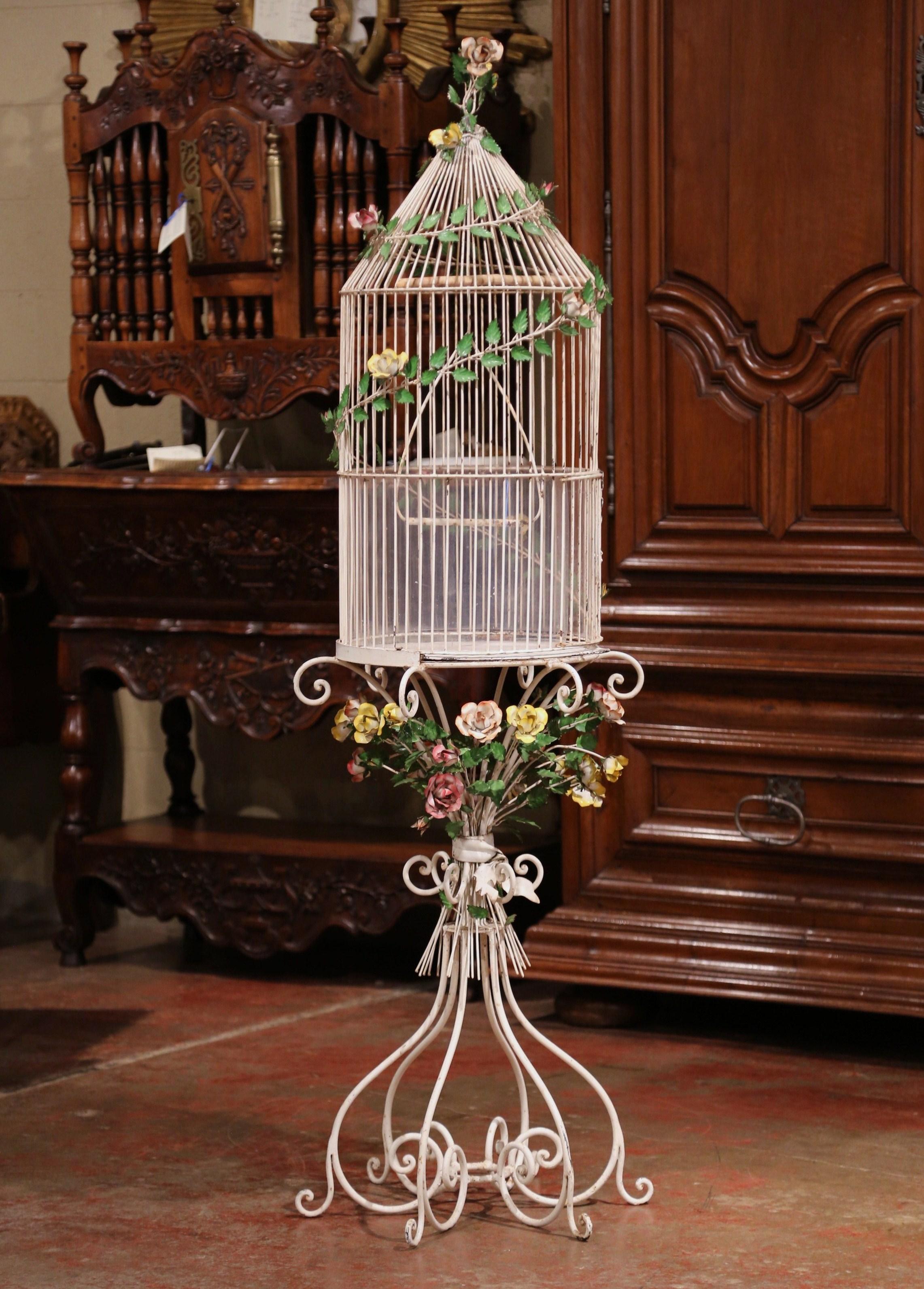 Hand-Crafted Early 20th Century French Art Nouveau Painted Iron Birdcage on Stand