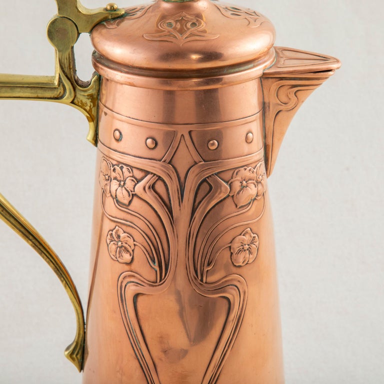 Early 20th Century French Art Nouveau Period Copper and Bronze Pitcher