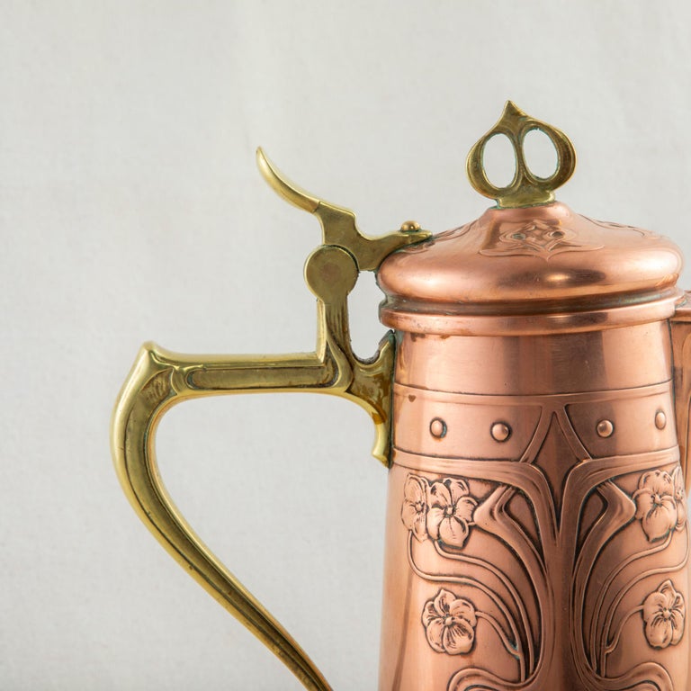 Early 20th Century French Art Nouveau Period Copper and Bronze Pitcher