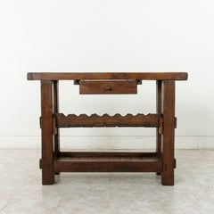 Early 20th Century French Artisan Made Oak Workbench Console with Wine Rack