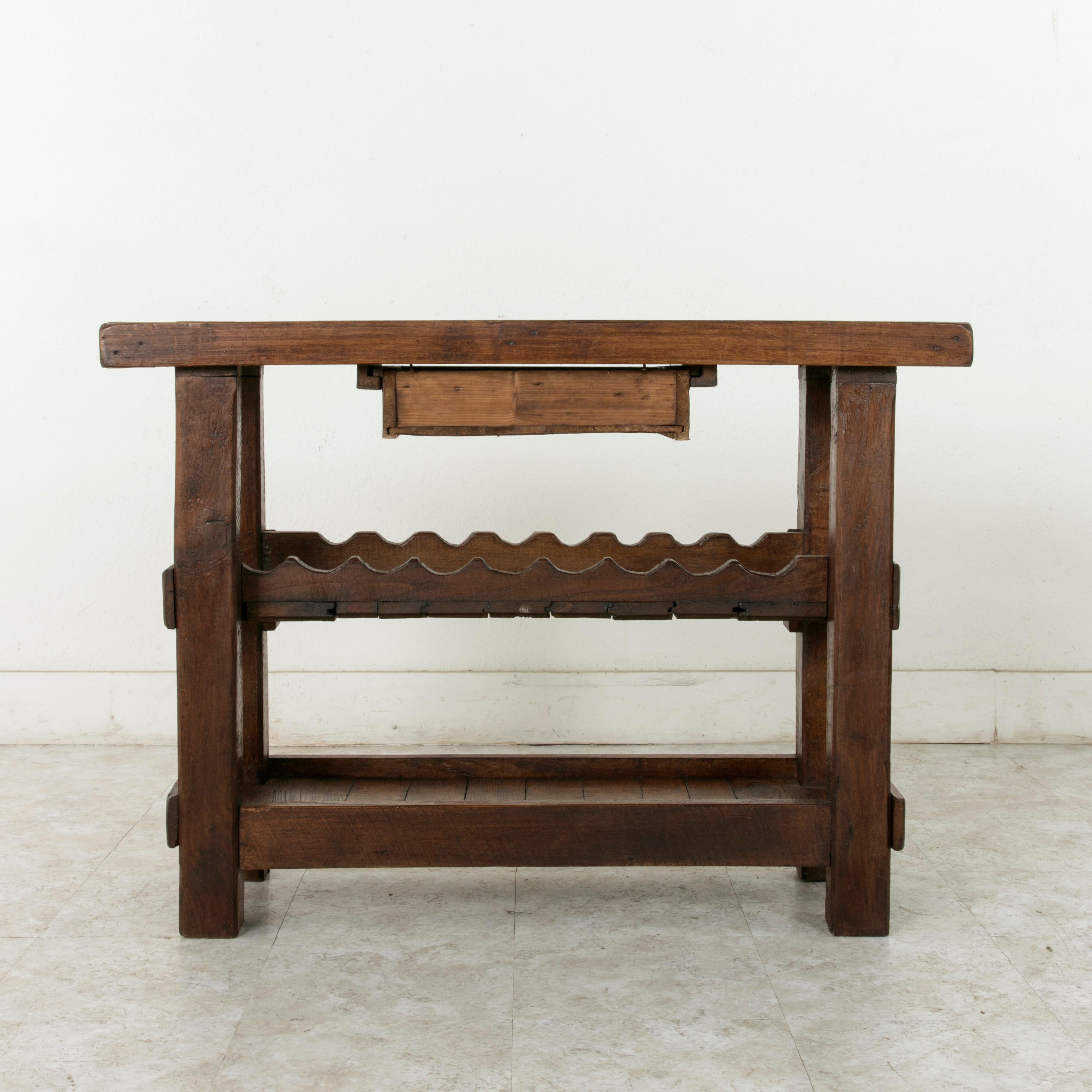 Early 20th Century French Artisan Made Oak Workbench Console with Wine Rack 1