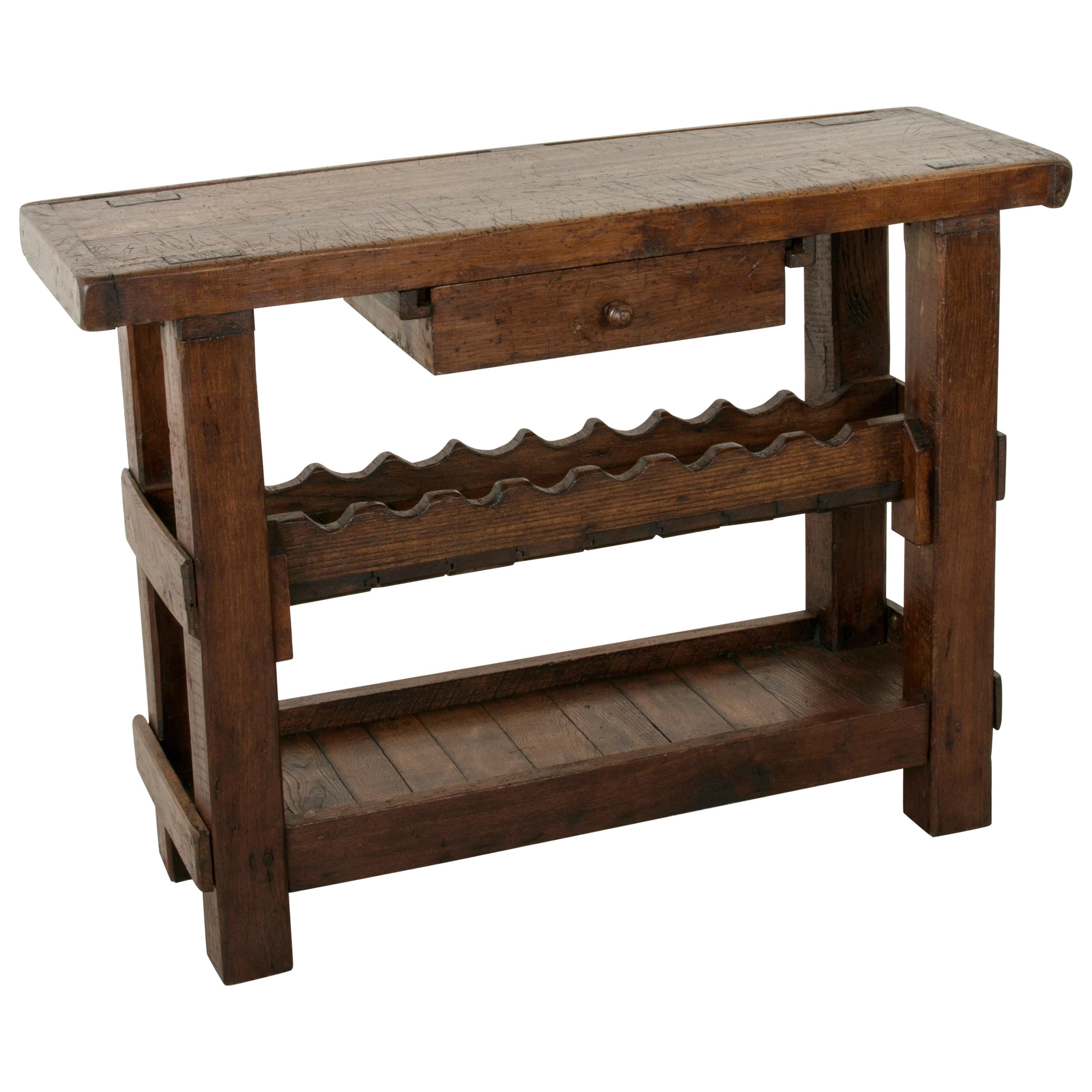 Early 20th Century French Artisan Made Oak Workbench Console with Wine Rack