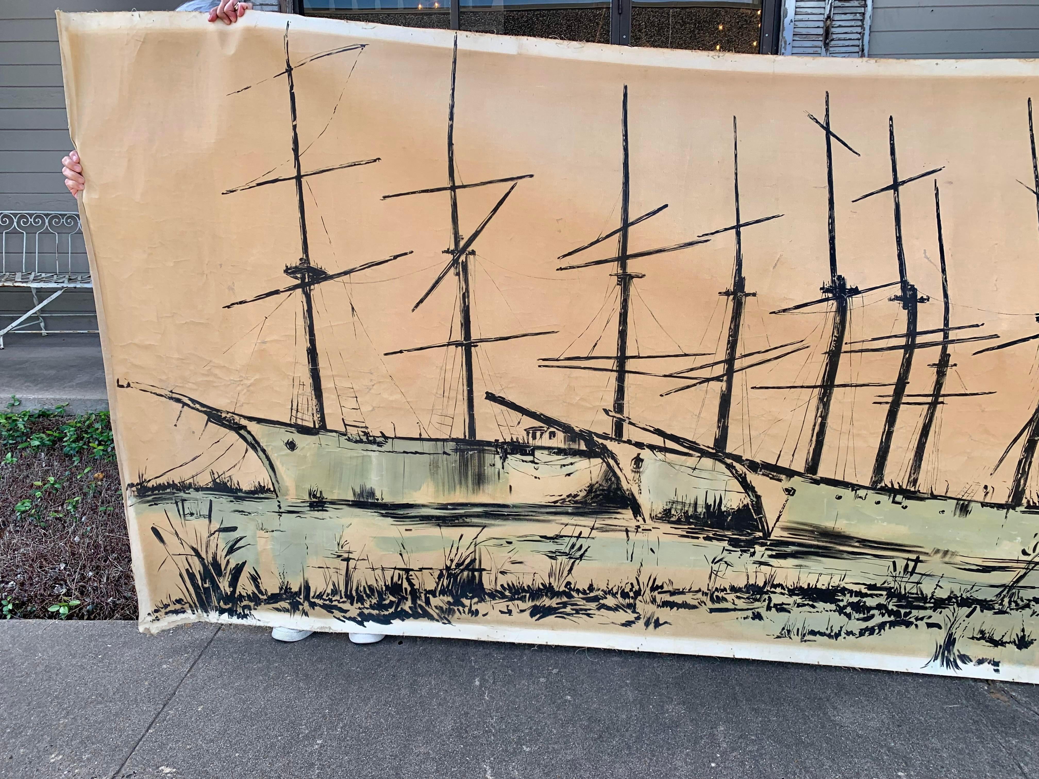 Found in the South of France this Early 20th century French Artist Signed Painting depicts several schooner sailing ships at dock in a French village. Schooner ships were built primarily for cargo, passengers, and fishing. The piece is signed by the
