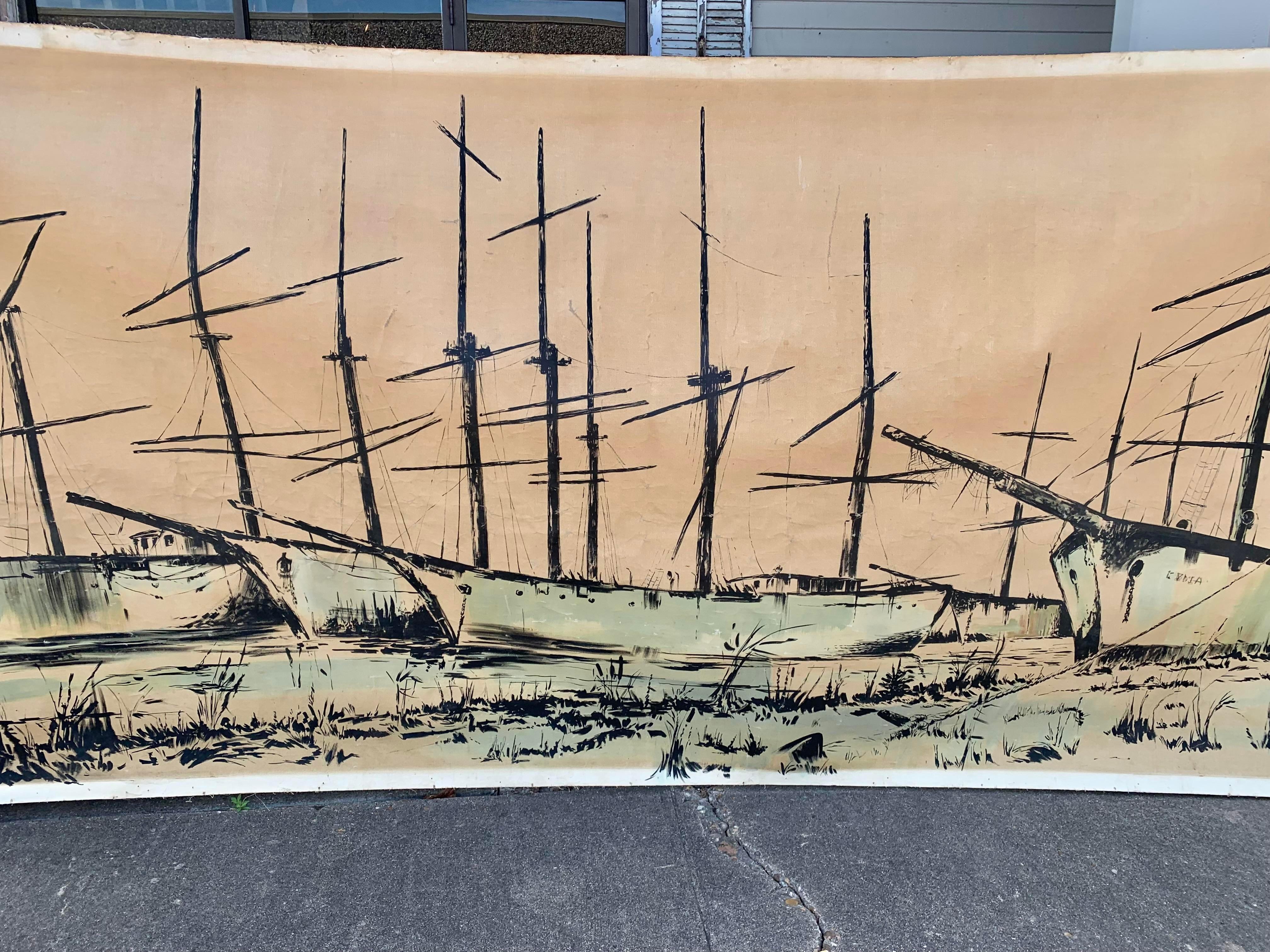 Early 20th Century French Artist Signed Nautical Painting on Canvas In Good Condition In Burton, TX