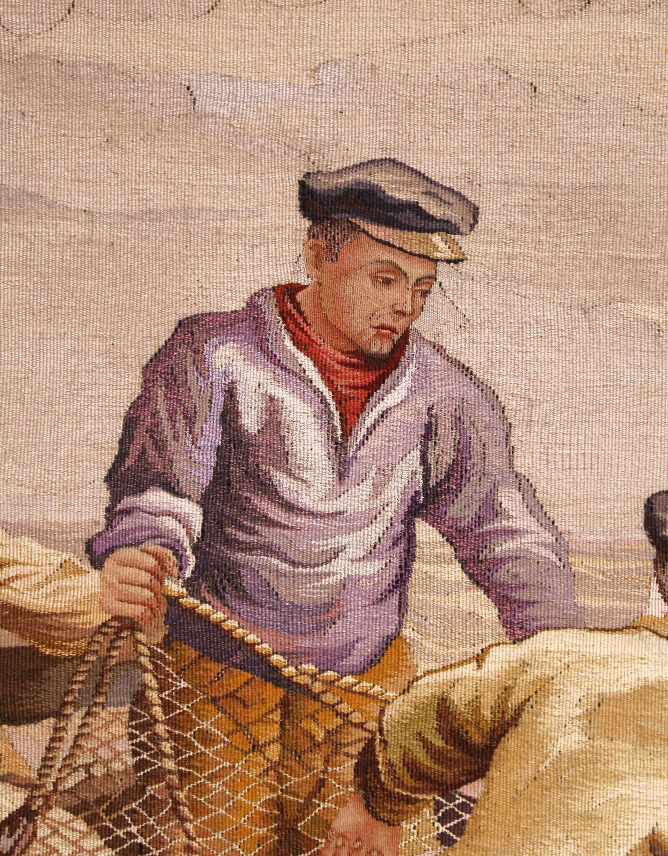 Tapiz Náutico Francés de Aubusson de principios del siglo XX tejido a mano en marco de roble Lienzo en venta