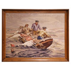 Arazzo nautico francese Aubusson dei primi del Novecento tessuto a mano con cornice in Oak