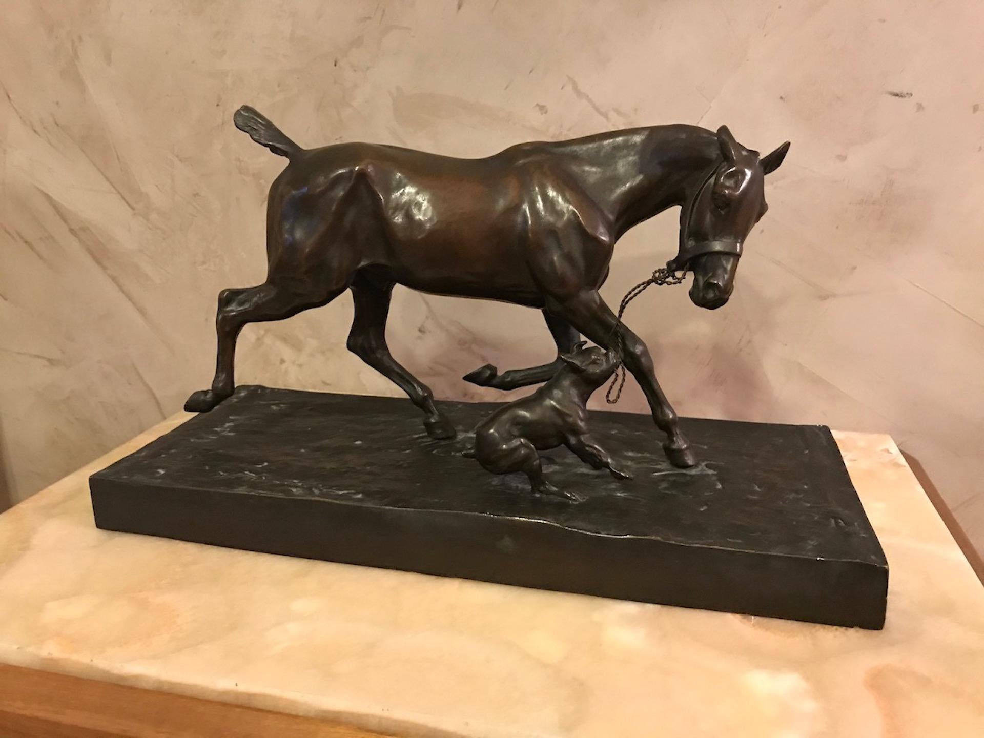 Beautiful Decorative French animal bronze sculpture ''Cheval et chien'' (horse and dog) by Auguste Vimar. (1851-1916, Marseille FRANCE).
Auguste Vimar is a French painter, sculptor, designer and illustrator.
He is best known for his talents as an