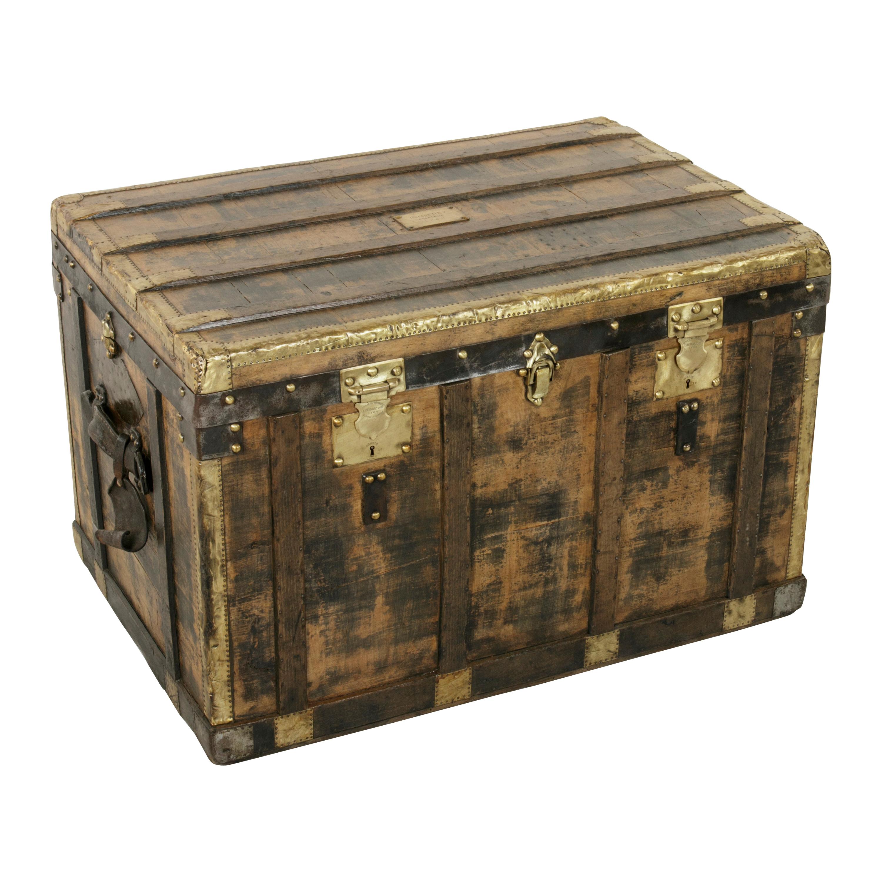Early 20th Century French Aviator
s Wooden Steam Trunk, Brass Trim and Leather