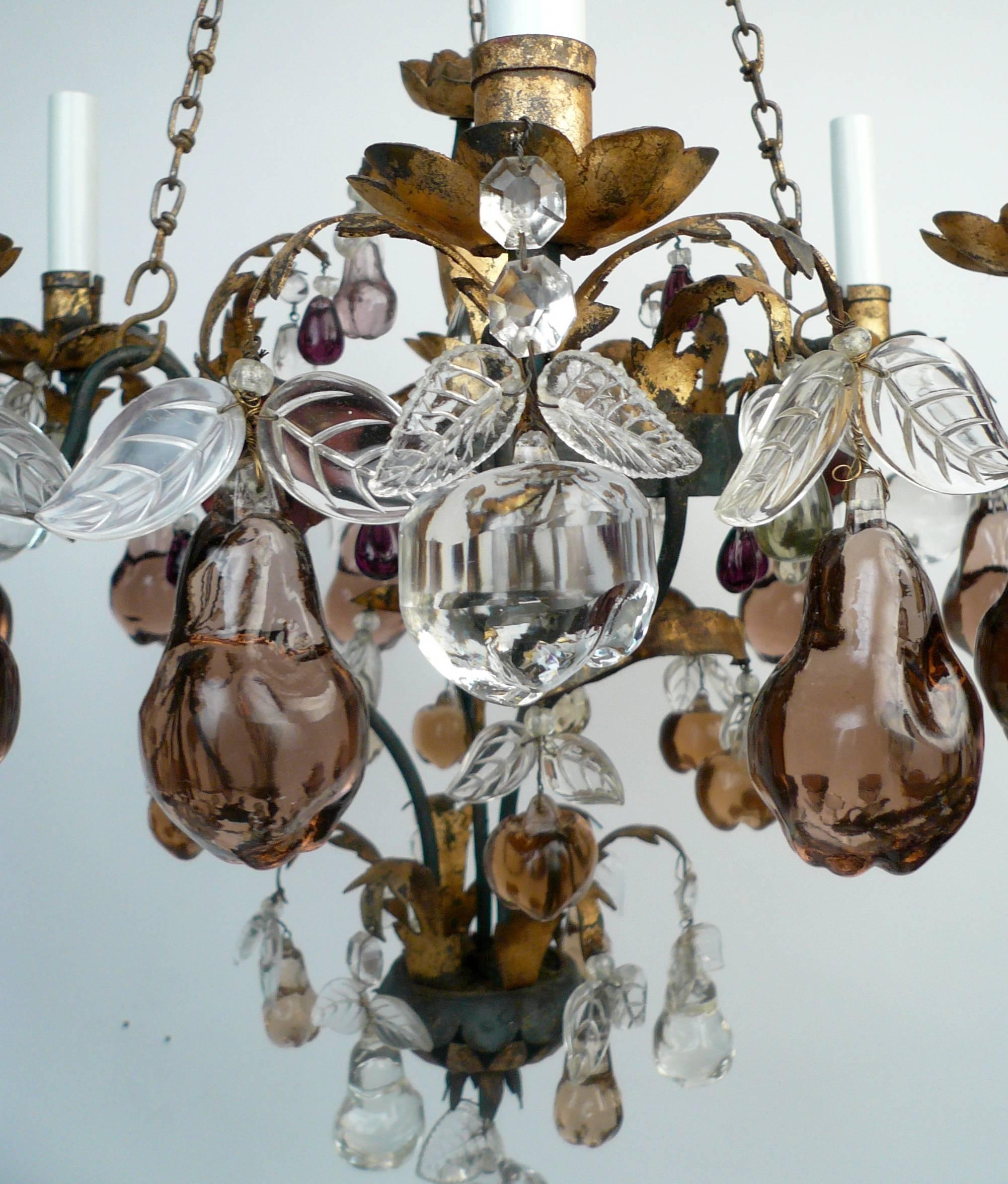 Gilt Early 20th Century French Bagues Style Wrought Iron and Crystal Chandelier