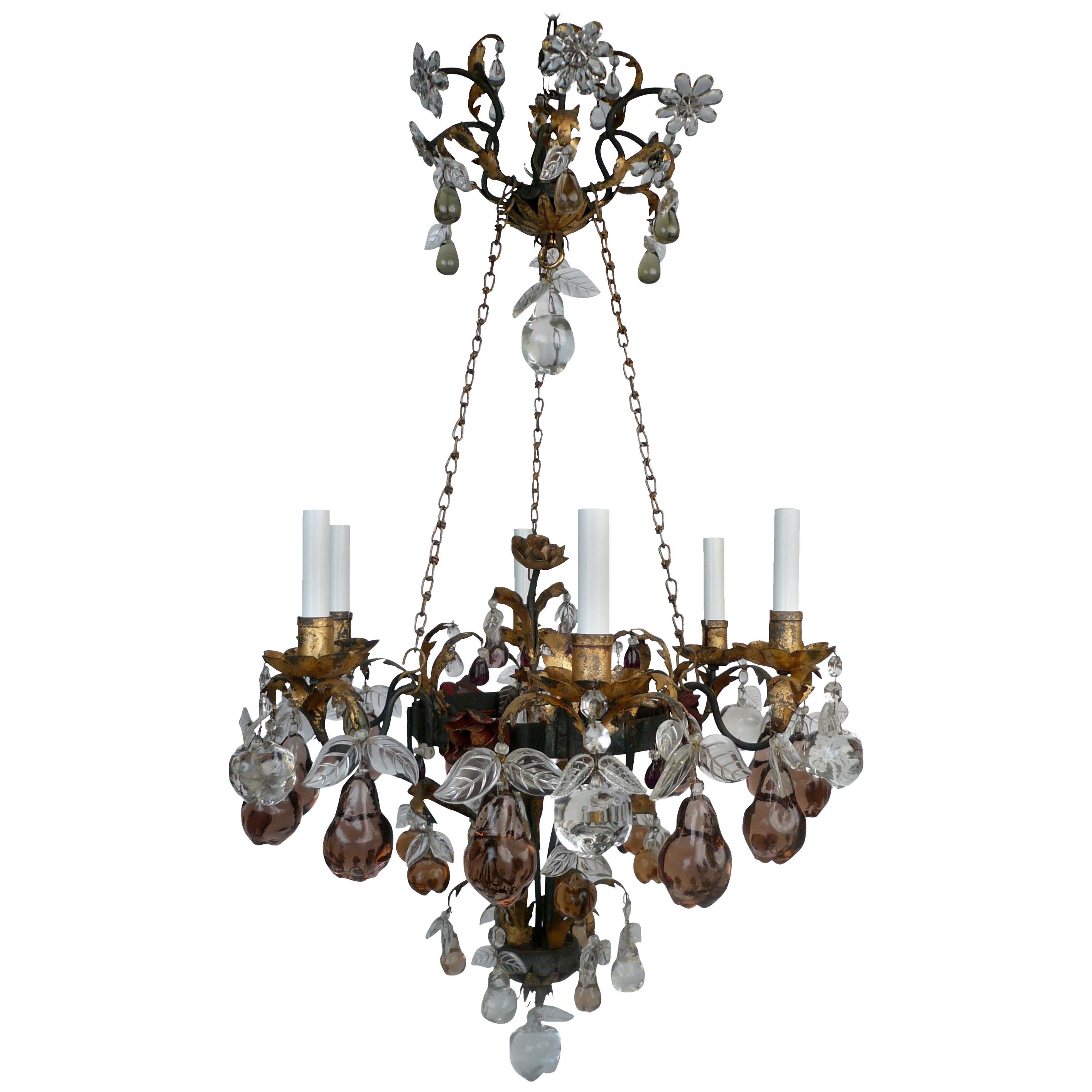 Early 20th Century French Bagues Style Wrought Iron and Crystal Chandelier