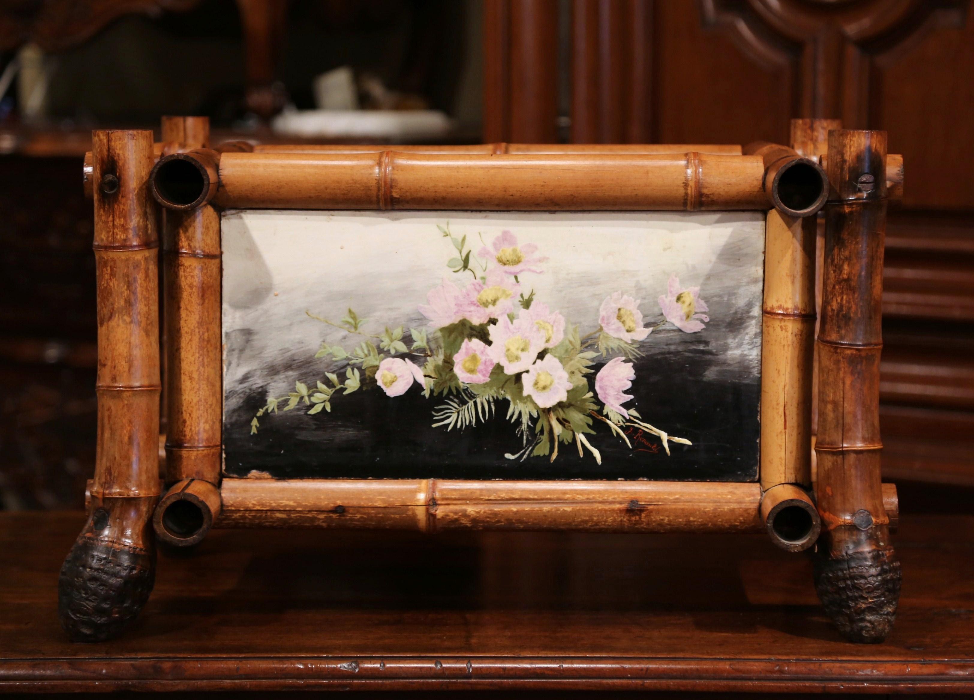Early 20th Century French Bamboo and Painted Ceramic Floral Tiles Jardinière For Sale 2