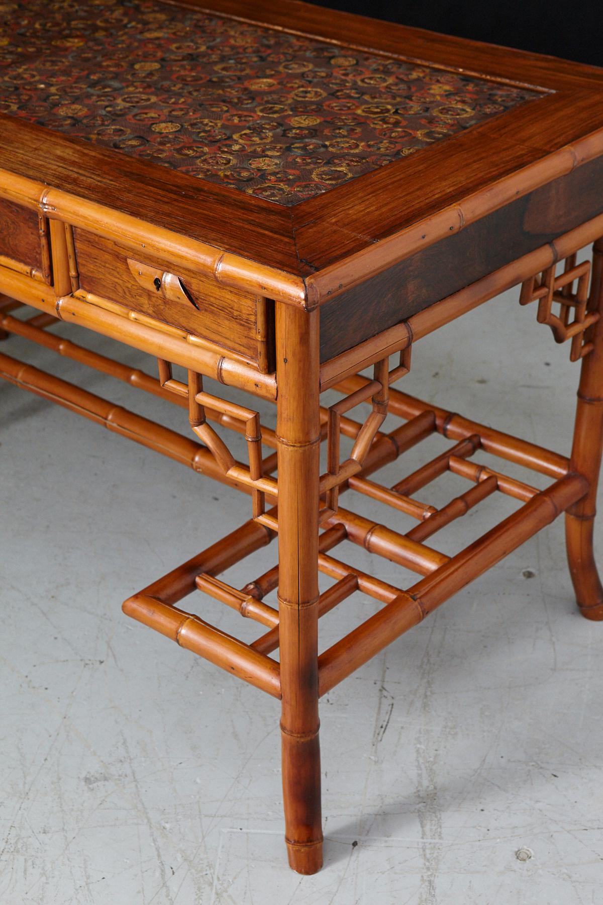 Early 20th Century French Bamboo Desk with Drawers and Leather Top, circa 1920s 6