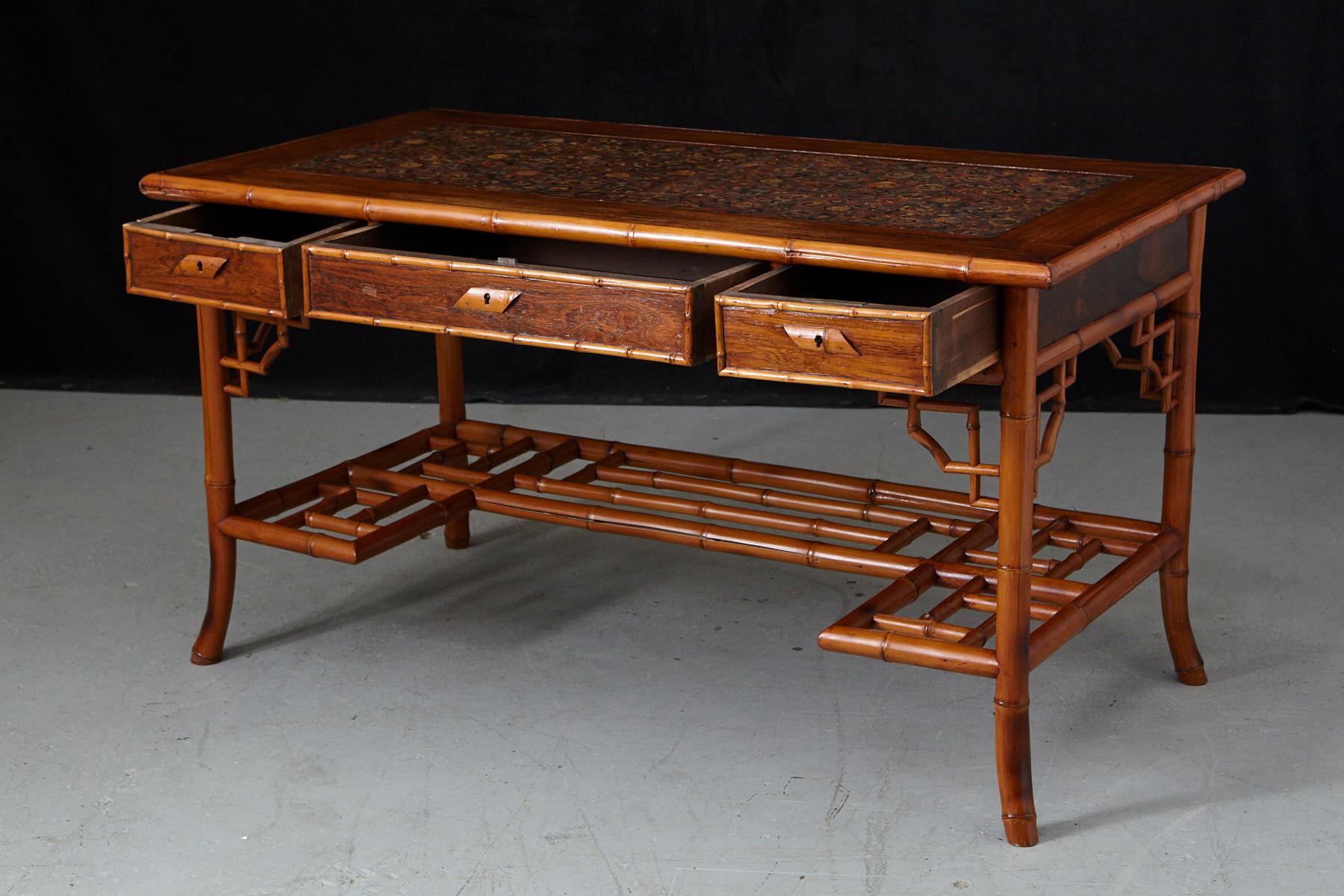 Early 20th Century French Bamboo Desk with Drawers and Leather Top, circa 1920s 8