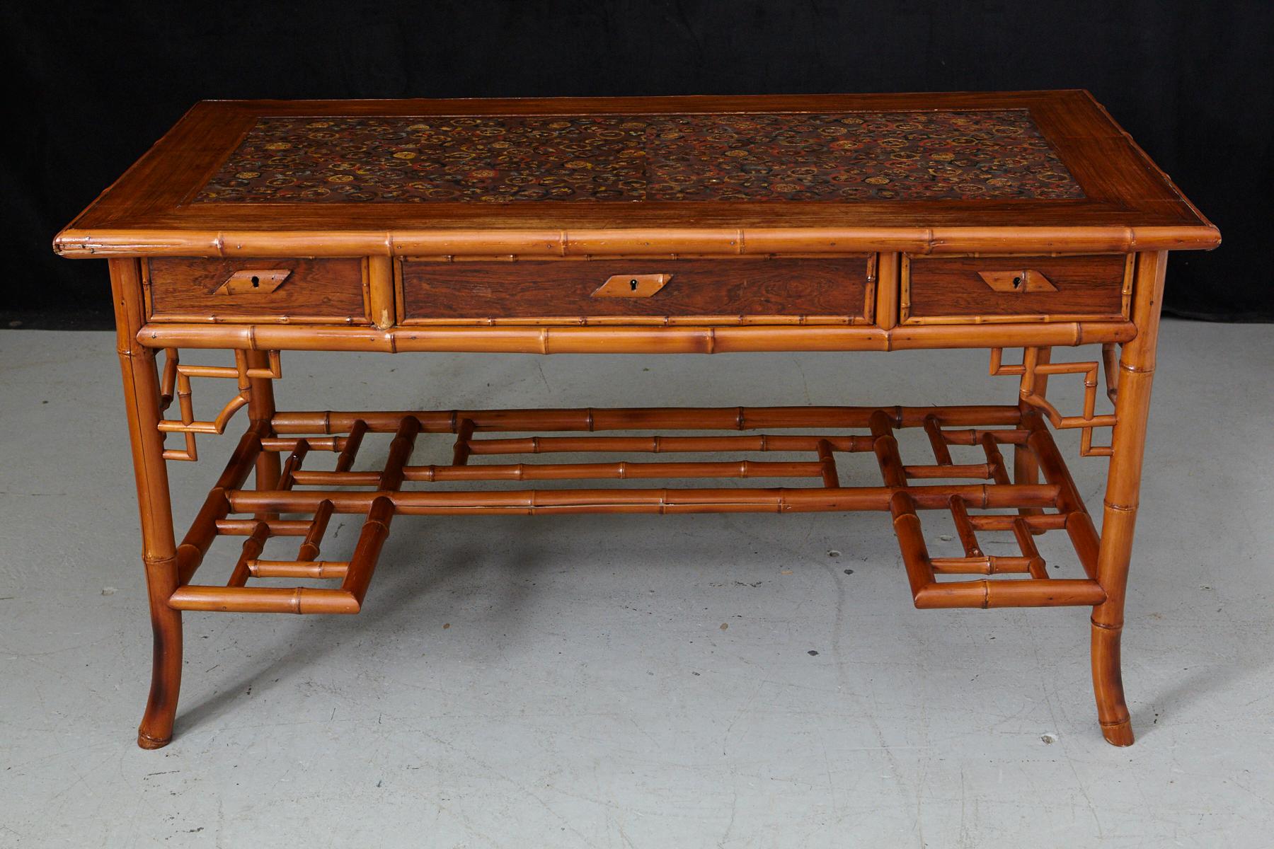 Lacquered Early 20th Century French Bamboo Desk with Drawers and Leather Top, circa 1920s