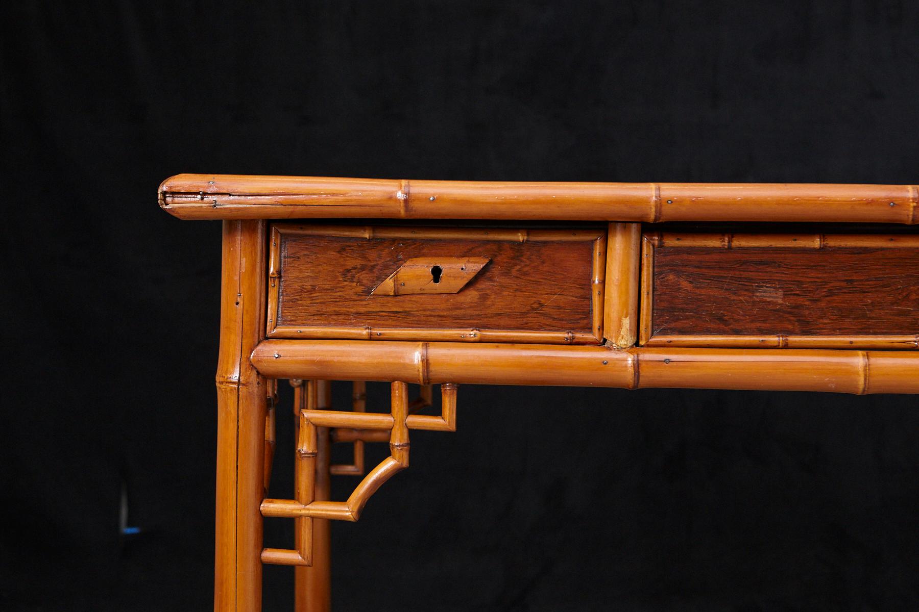 Wood Early 20th Century French Bamboo Desk with Drawers and Leather Top, circa 1920s