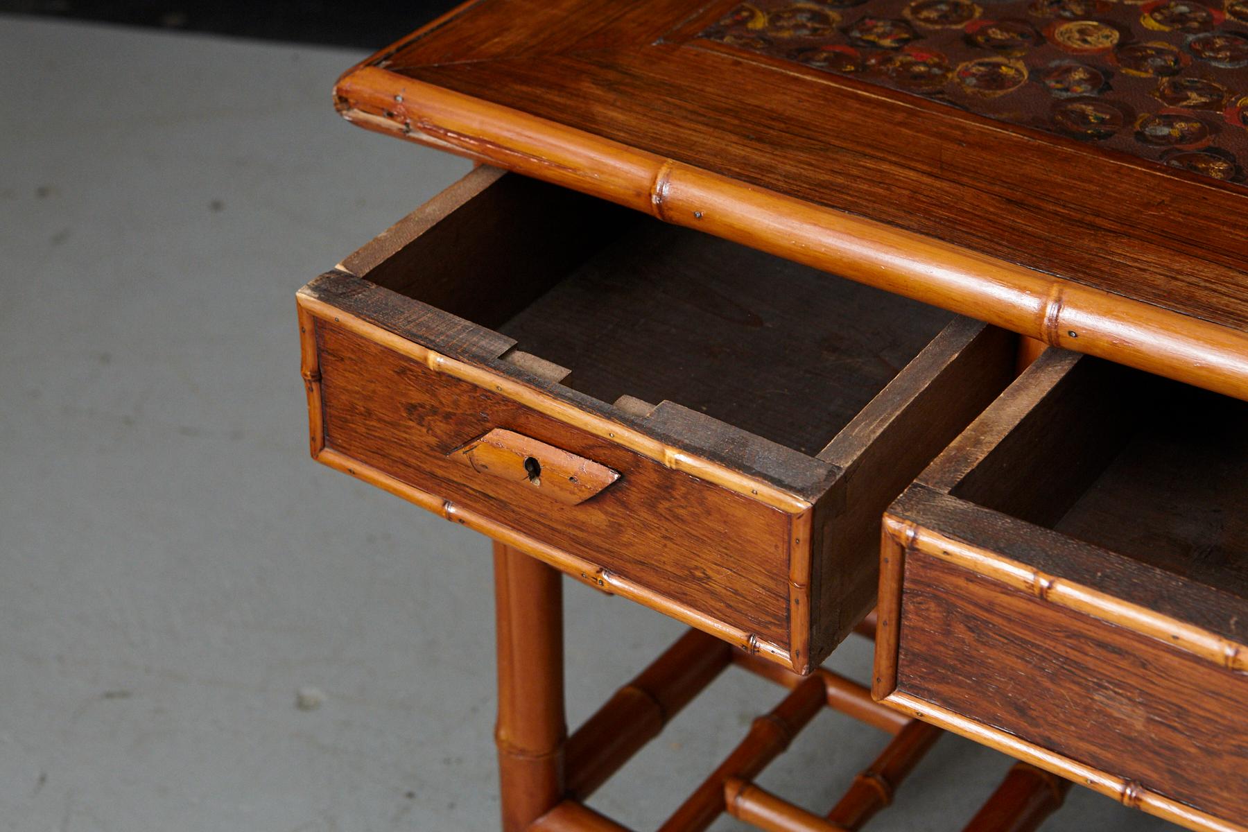 Early 20th Century French Bamboo Desk with Drawers and Leather Top, circa 1920s 2
