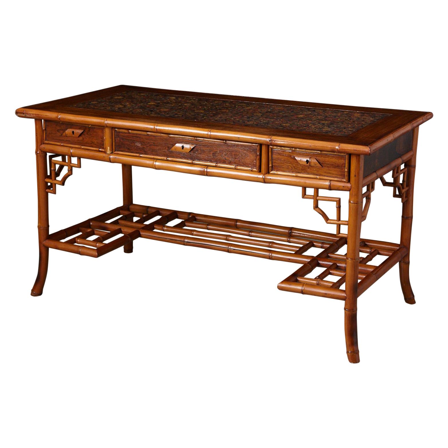 Early 20th Century French Bamboo Desk with Drawers and Leather Top, circa 1920s