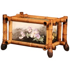 Early 20th Century French Bamboo Jardinière with Hand-Painted Floral Panels