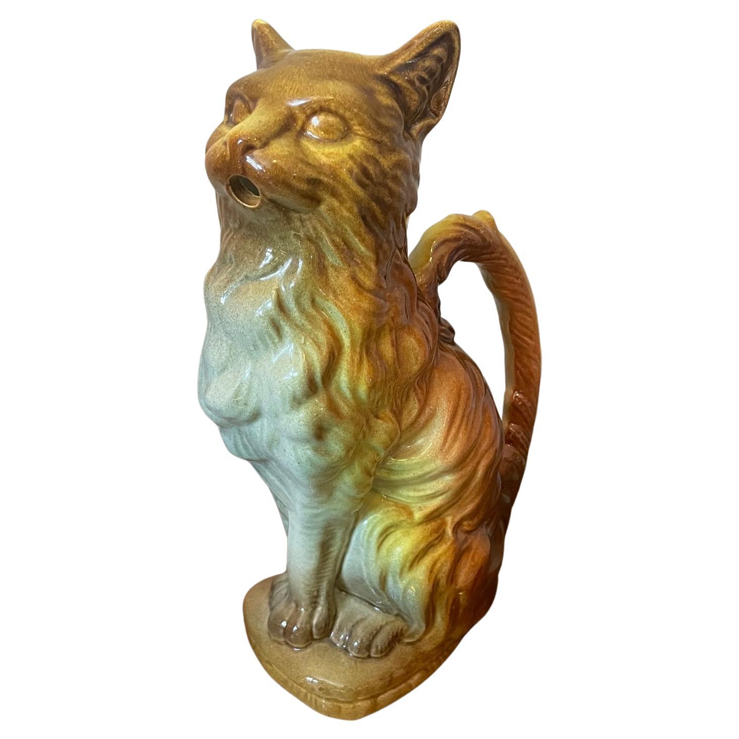 Early 20th Century French Barbotine Cat Pitcher, 1900s For Sale