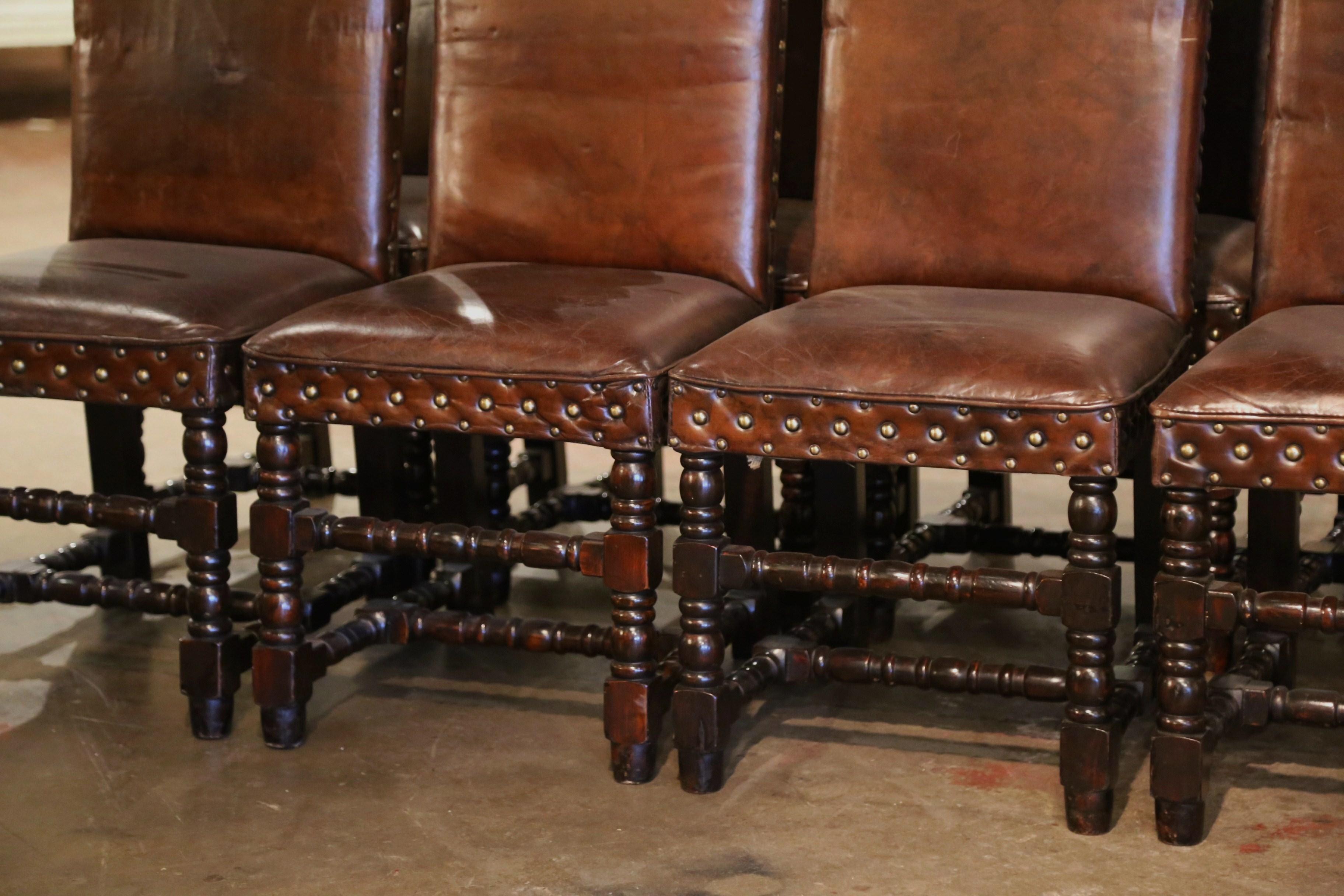  Early 20th Century French Baroque Carved Walnut Chairs with Leather, Set of 8 5