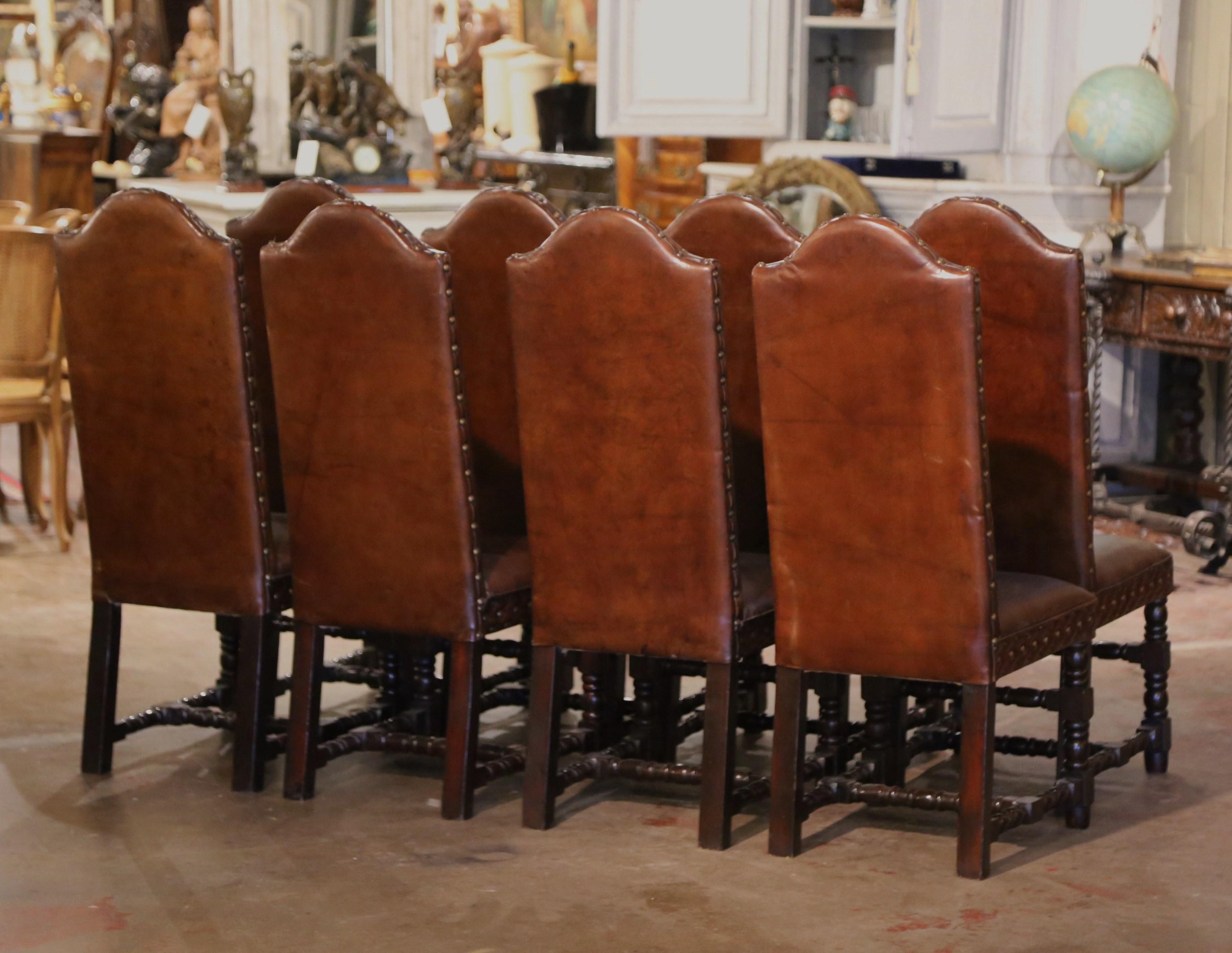  Early 20th Century French Baroque Carved Walnut Chairs with Leather, Set of 8 6