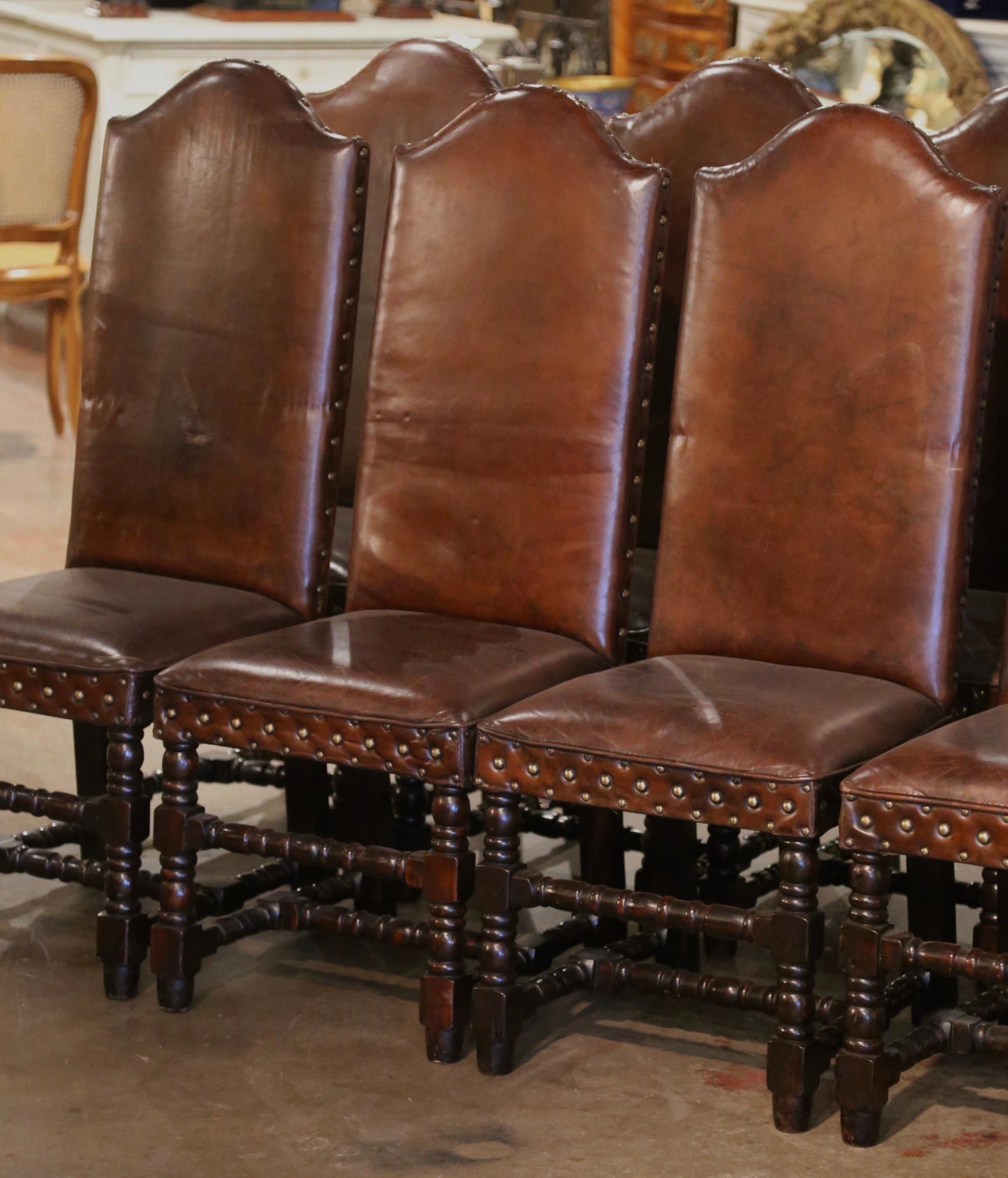 Louis XIII  Early 20th Century French Baroque Carved Walnut Chairs with Leather, Set of 8