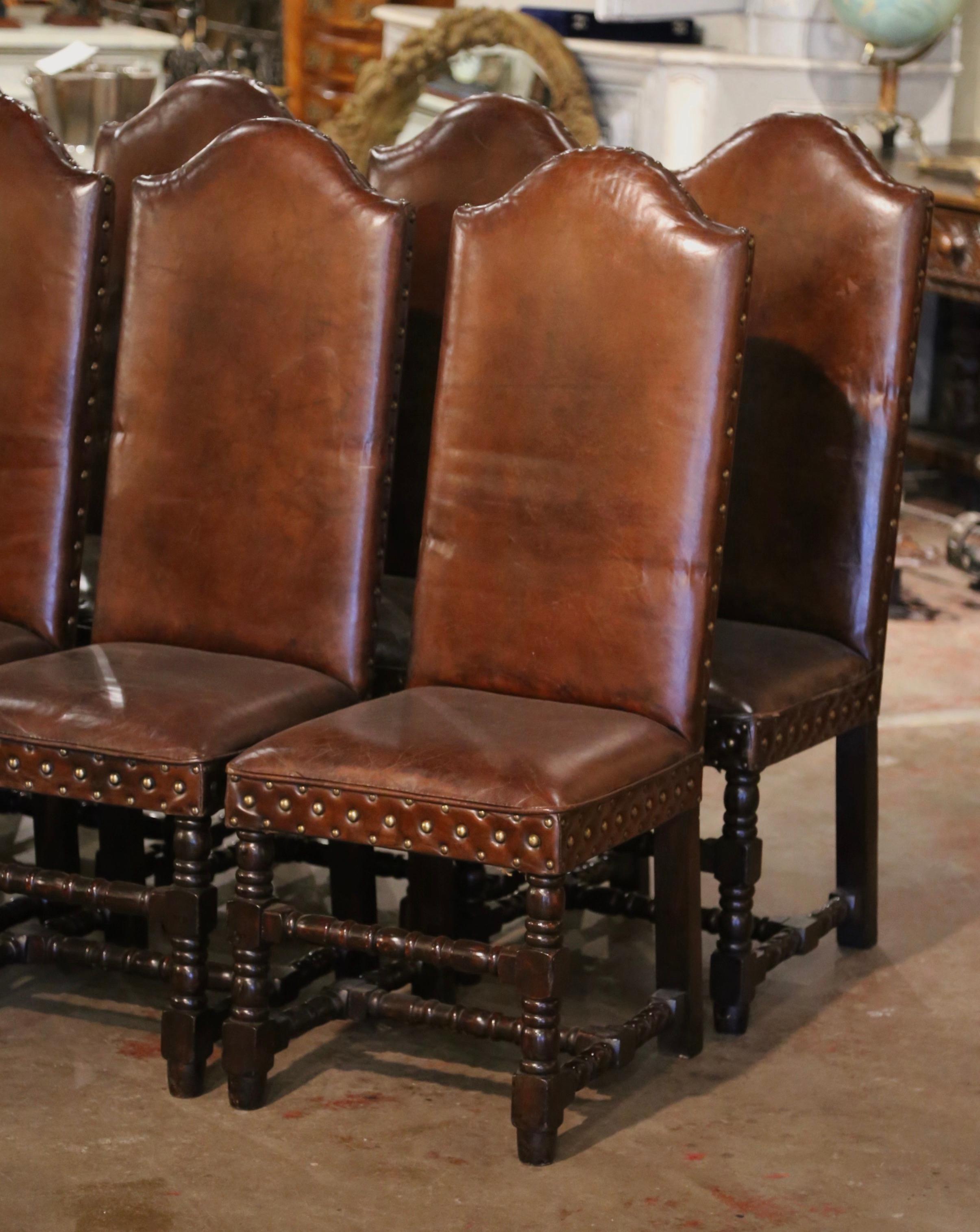 Hand-Carved  Early 20th Century French Baroque Carved Walnut Chairs with Leather, Set of 8
