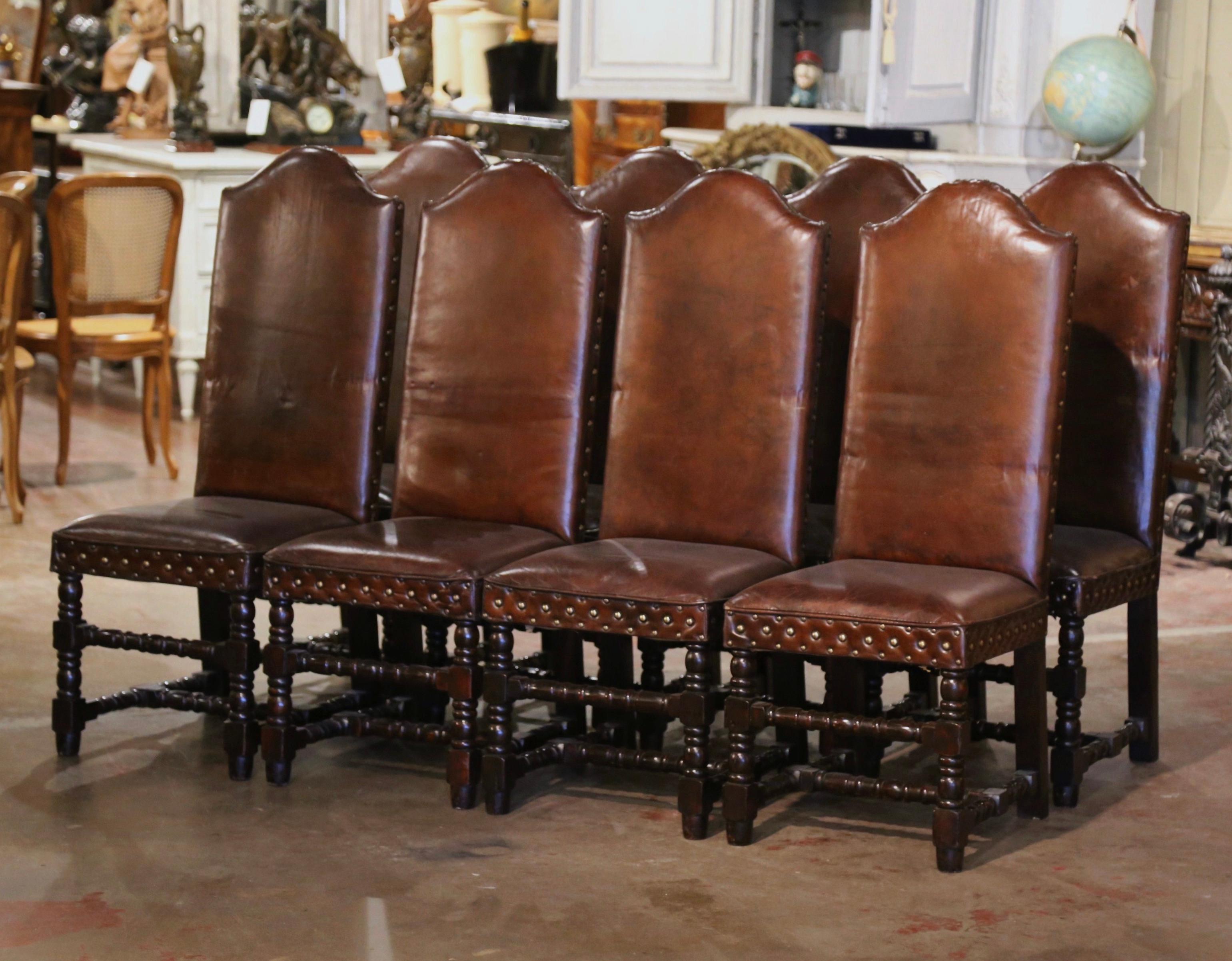  Early 20th Century French Baroque Carved Walnut Chairs with Leather, Set of 8 In Excellent Condition In Dallas, TX