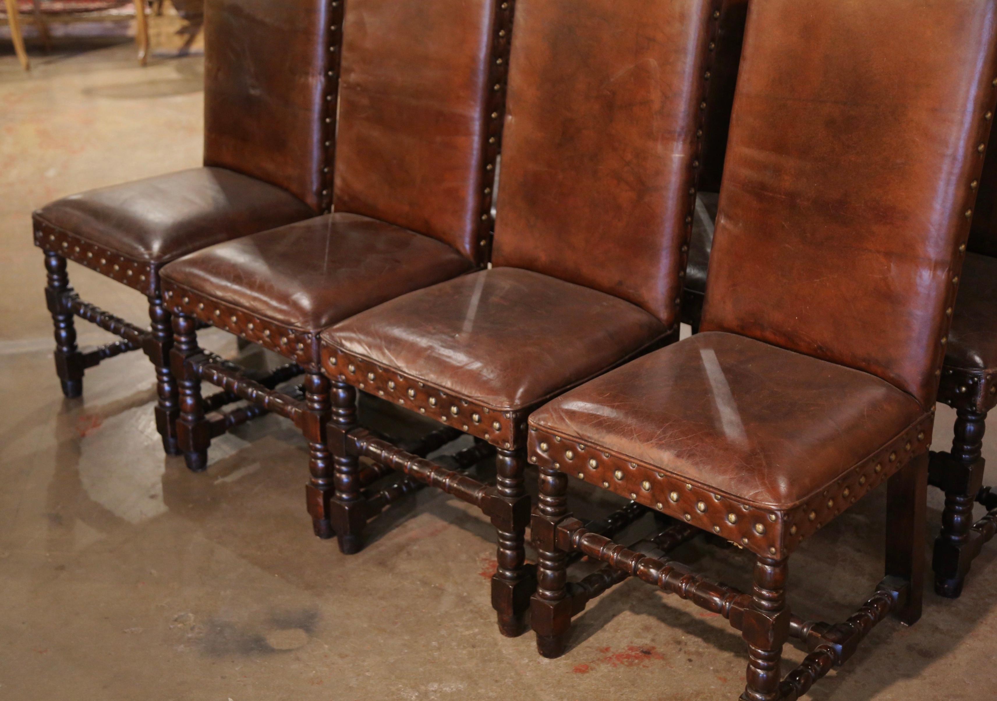  Early 20th Century French Baroque Carved Walnut Chairs with Leather, Set of 8 1