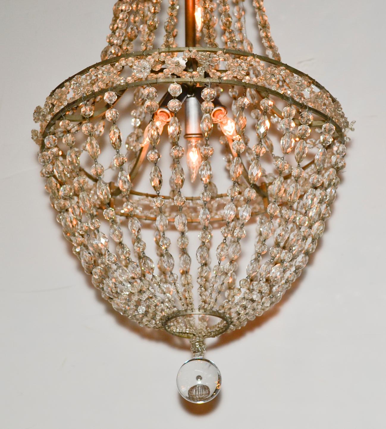 Lovely antique French beaded crystal basket chandelier.