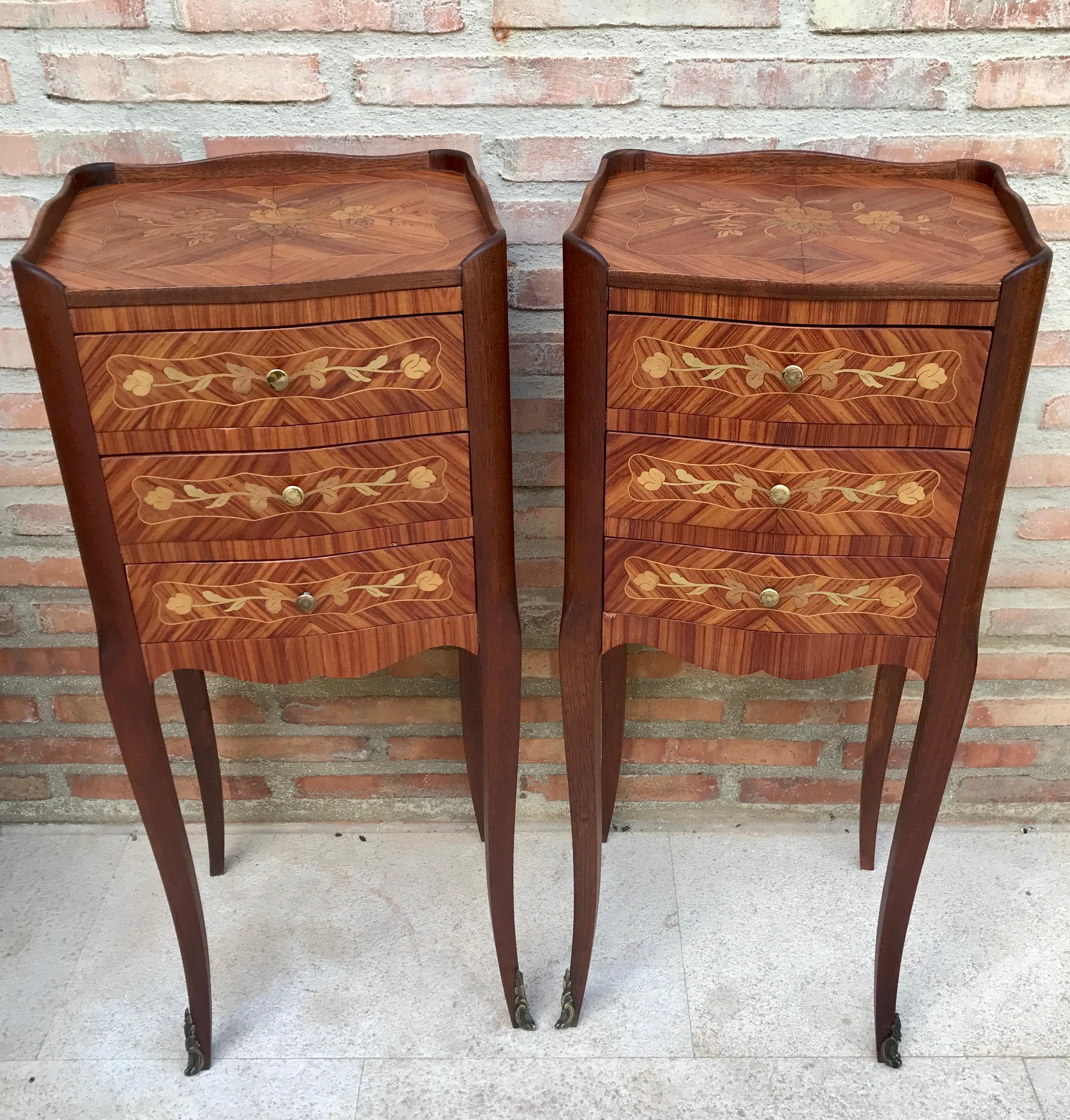 French Provincial Early 20th Century French Bedside Tables in Marquetry & Bronze with Iron Details For Sale