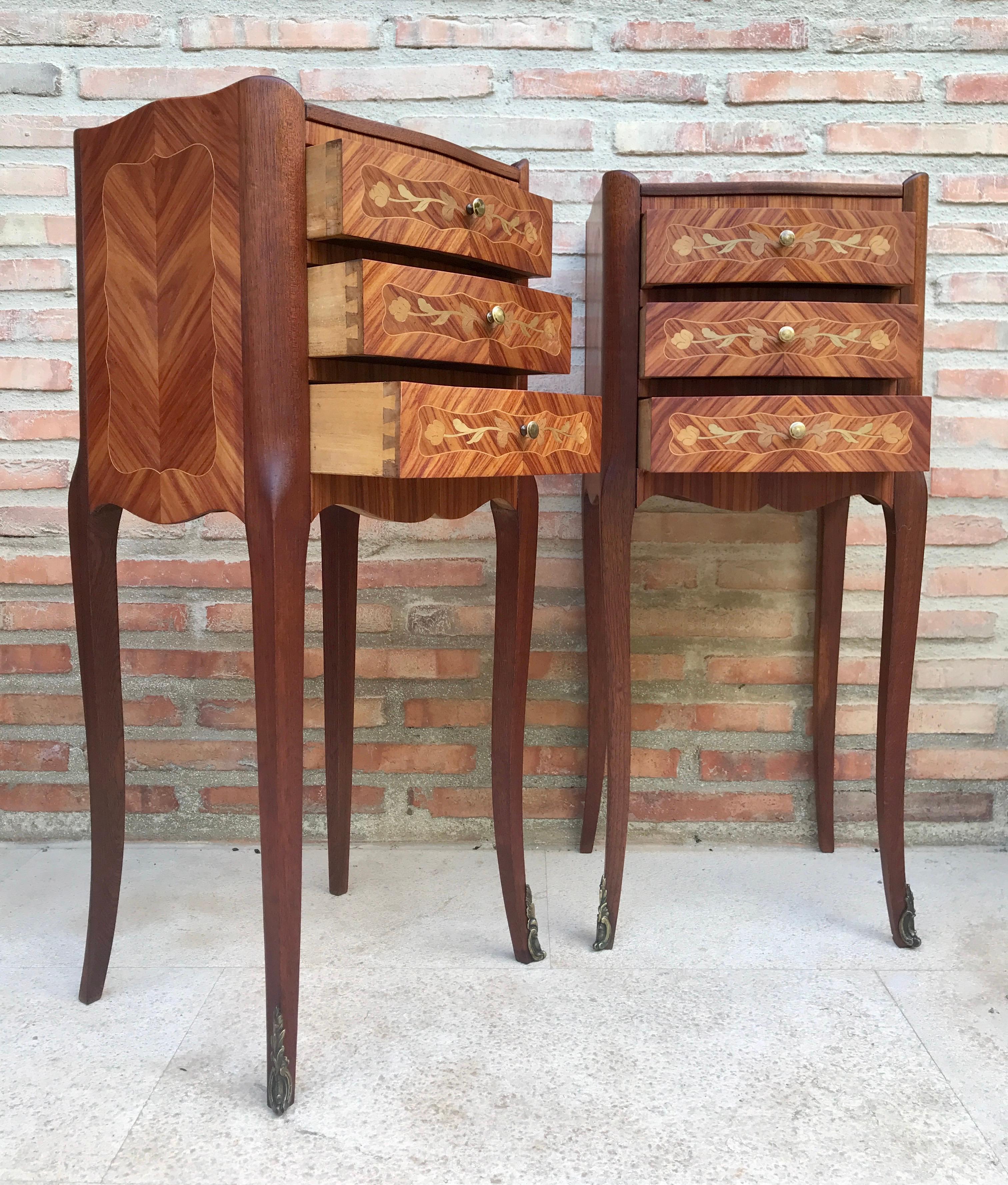 Early 20th Century French Bedside Tables in Marquetry & Bronze with Iron Details For Sale 2